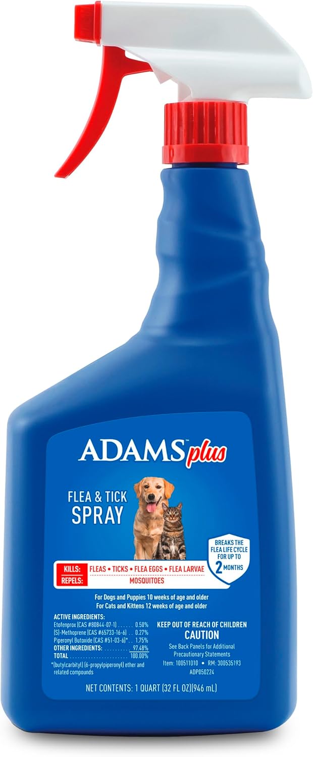 ADAMS Plus Flea and Tick Spray for Dogs & Cats, Kills Fleas and Ticks, Repels Mosquitoes, Prevents Infestations up to 2 Months, Treatment for Dogs, Cats, Puppies & Kittens, 16 Fl Oz