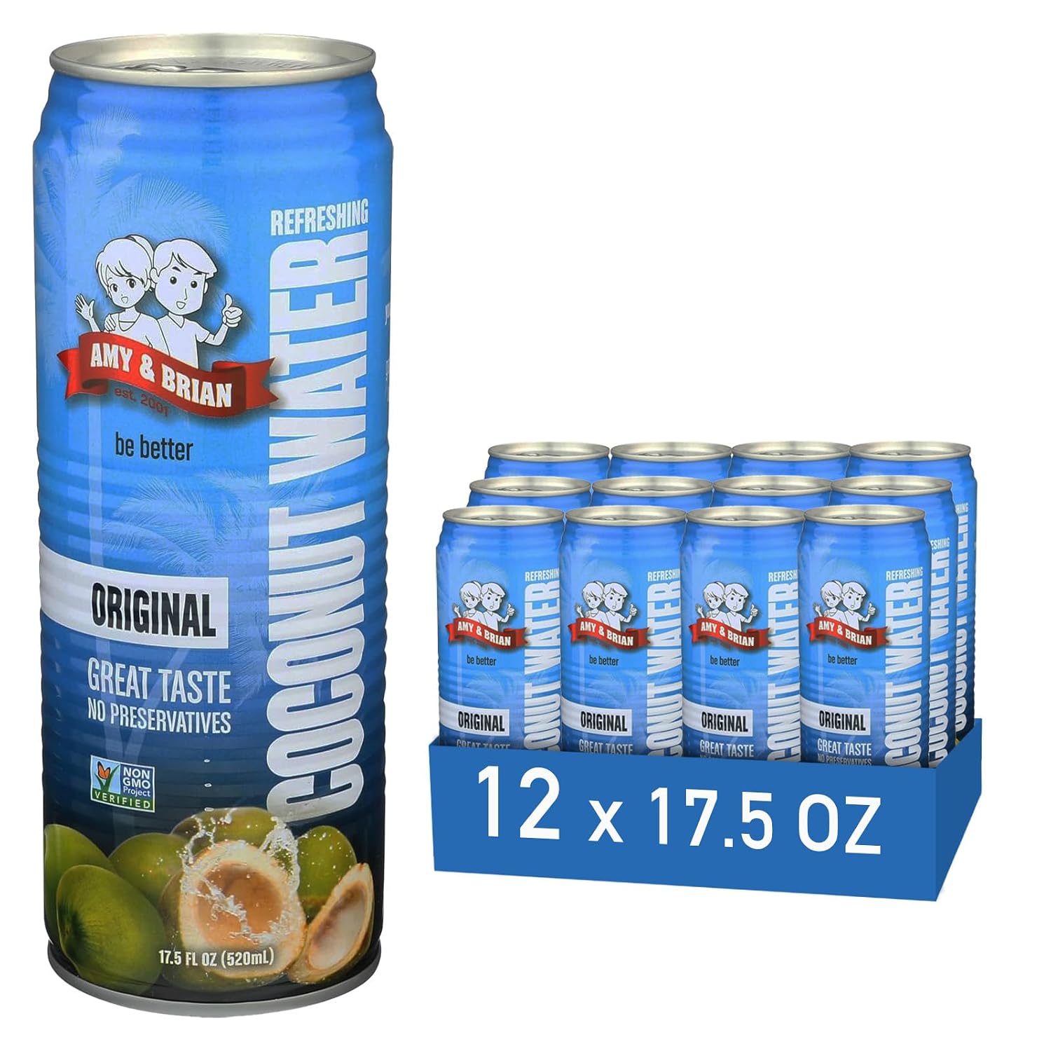 Amy & Brian Non-GMO Coconut Water, Original, 17.5 Fl Oz (Pack of 12)