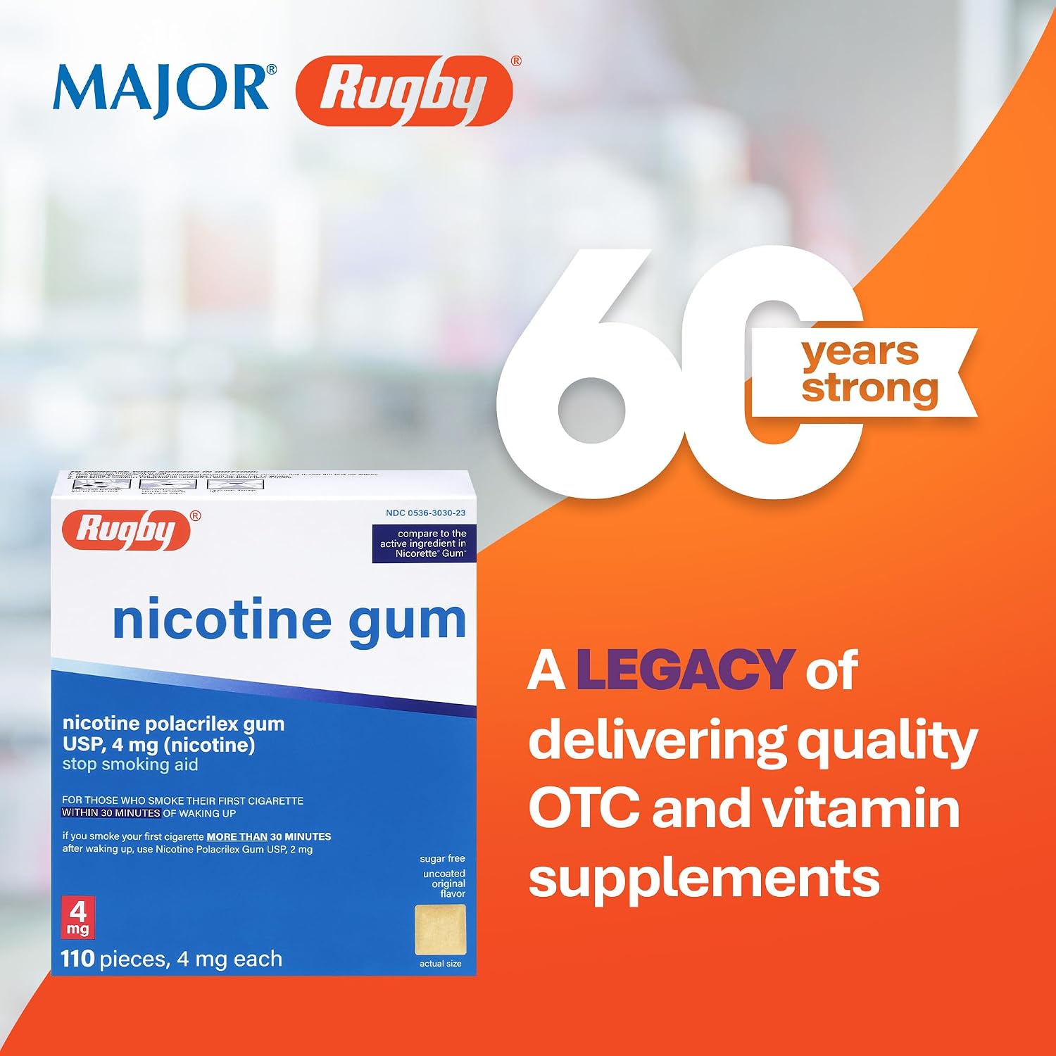 Rugby Polacrilex 4mg Nicotine Gum, Original Flavor, 110 Count (1-Pack) | Sugar-Free Stop Smoking Aid, Helps Reduce Nicotine Cravings and Withdrawal Symptoms, 12-week Schedule