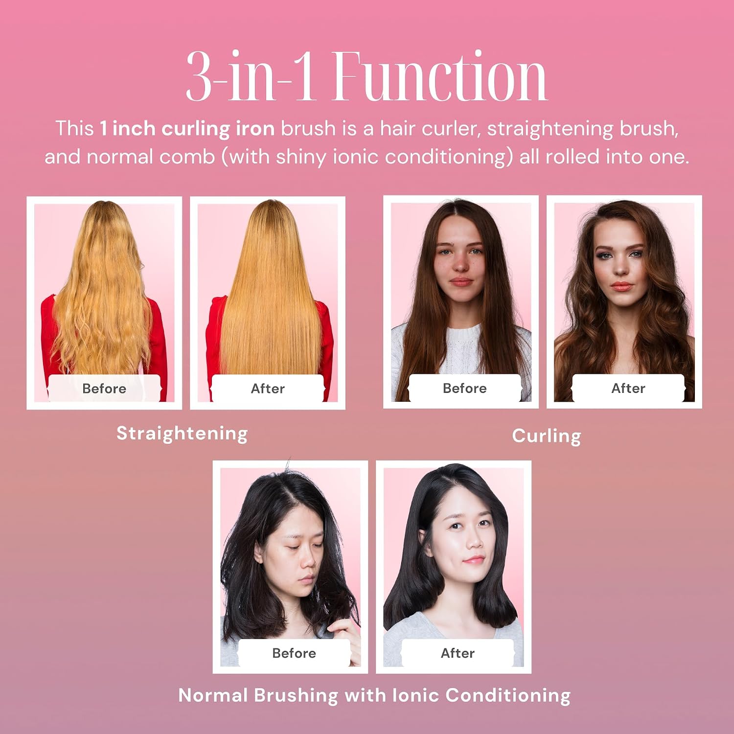 Alure Heated Styling Brush - 3-in-1 Ionic Hair Curler/Straightener with Anti-Scald Nylon Bristles, Electric Curl Wand for All Hair Types