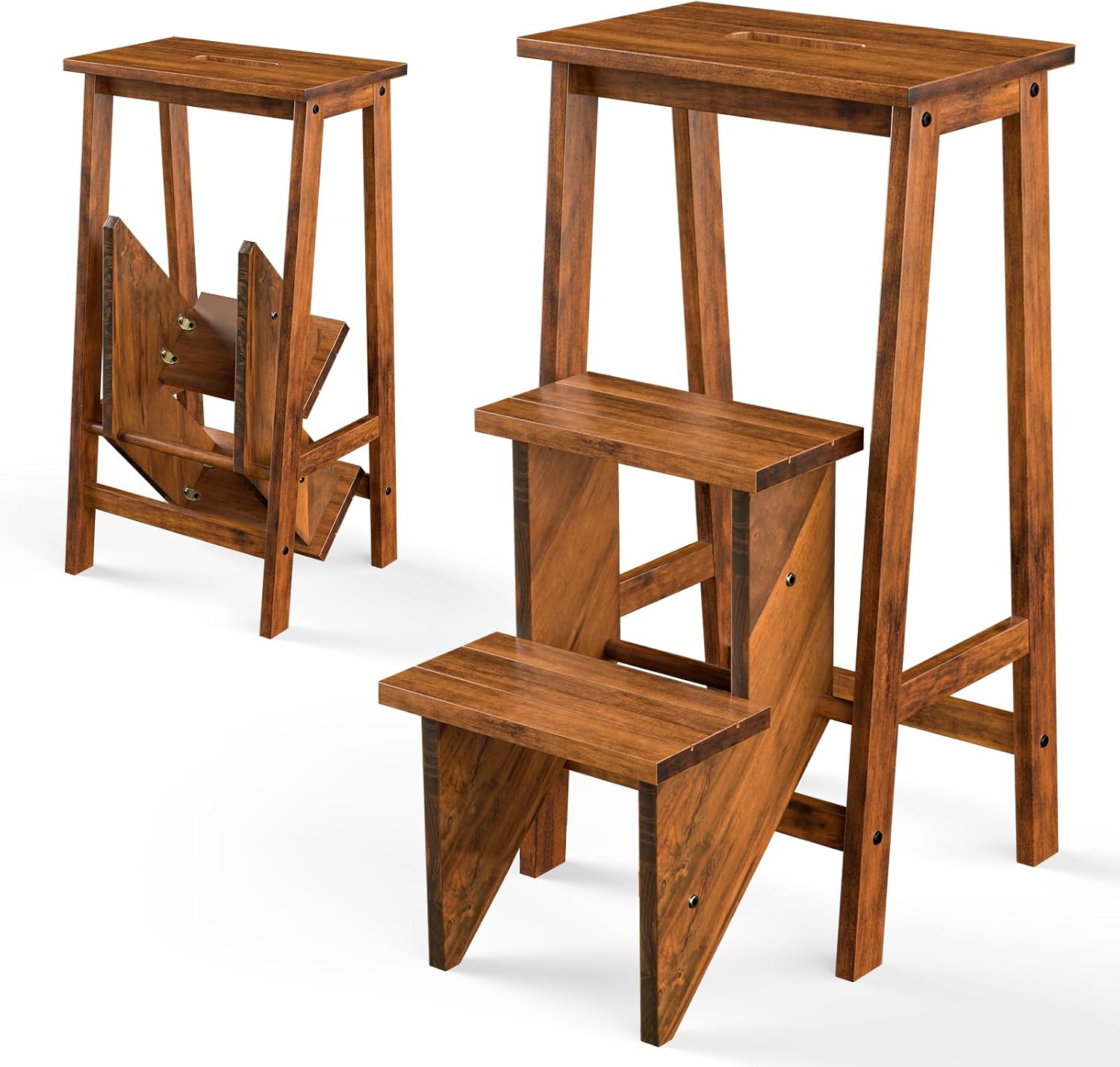 Costzon Folding 3 Step Stool, 3 in 1 Wooden Step Ladder with Handle, Non-Slip Pedal, Multifunctional Storage Shelf, Flower Rack for Kitchen, Library, Garage, Foldable Step Stool for Adults Kids