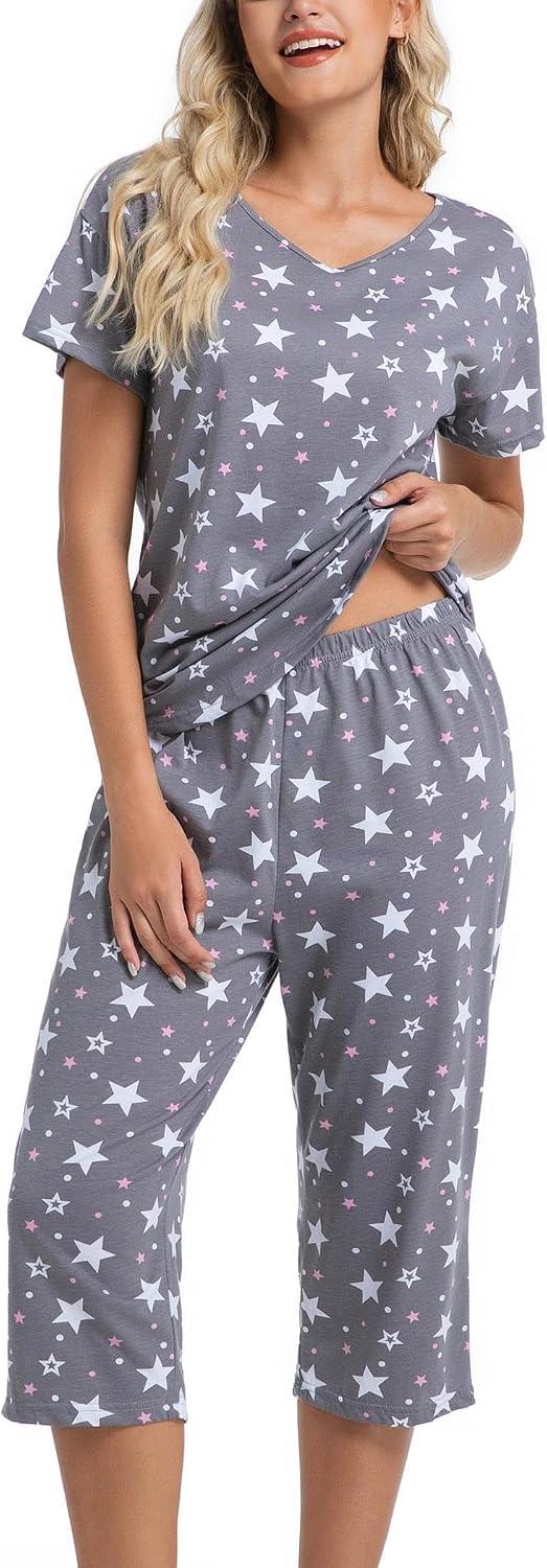 ENJOYNIGHT Womens Pajama Set Cotton Short Sleeve Top With Capri Pants Pj