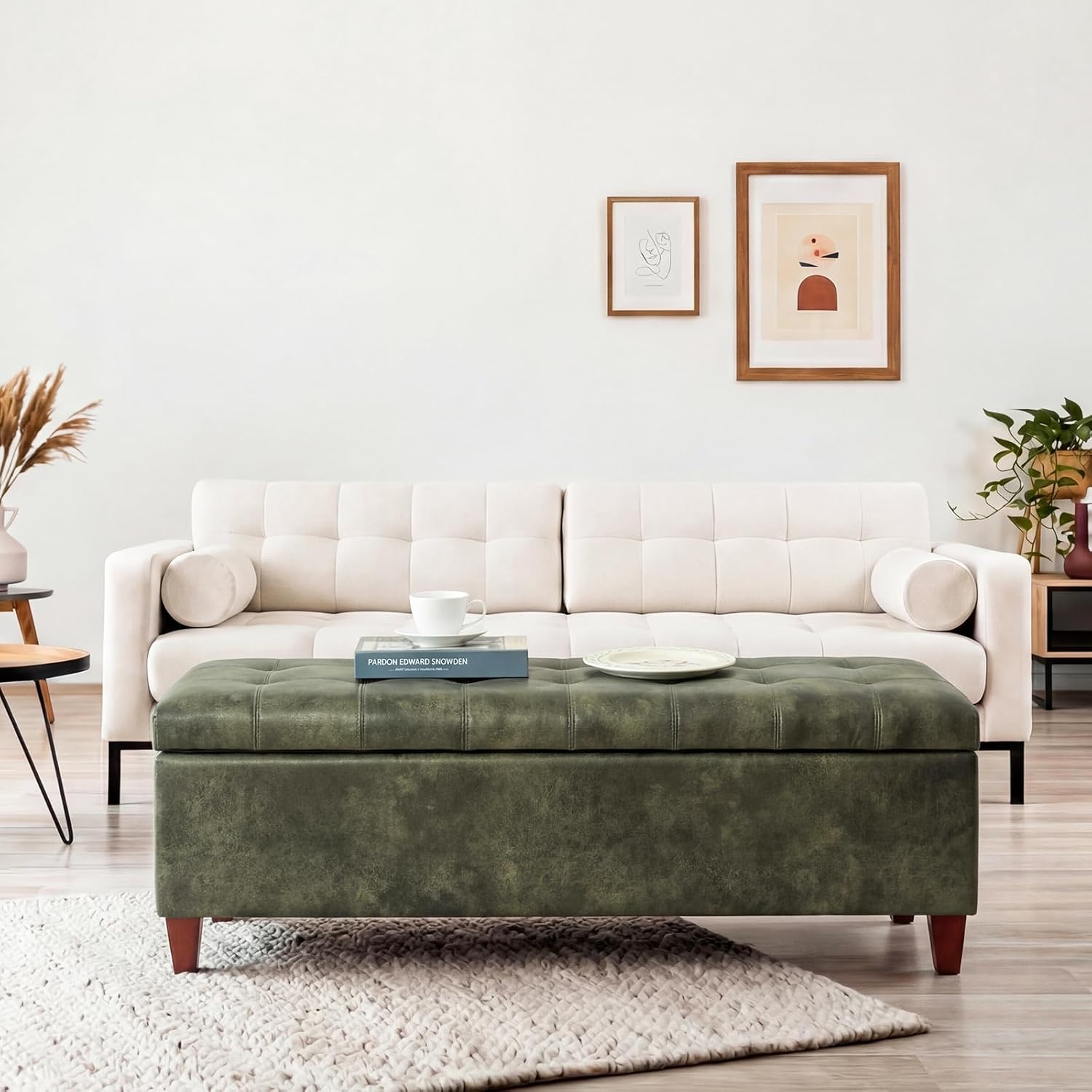 51 Inch Storage Bench,Leather Tufted Storage Ottoman with Legs | Safety Hinges,Wooden Legs,Upholstered,End of Bed,Bedroom,Living Room,Entryway,330LBS,Brown