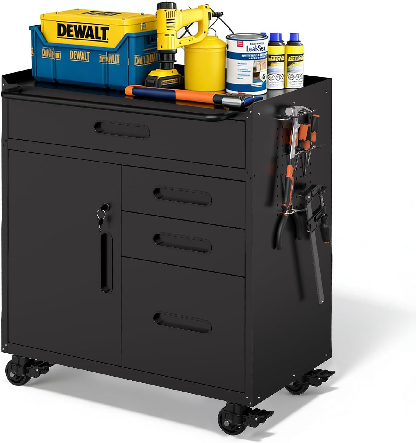 Metal Storage Cabinet for Garage, Tool Cabinet, Utility Cabinet | Wheeled, Rolling Tool Cabinet, 6 Drawers, Top Countertop, Pegboard, Assembly Required, Black