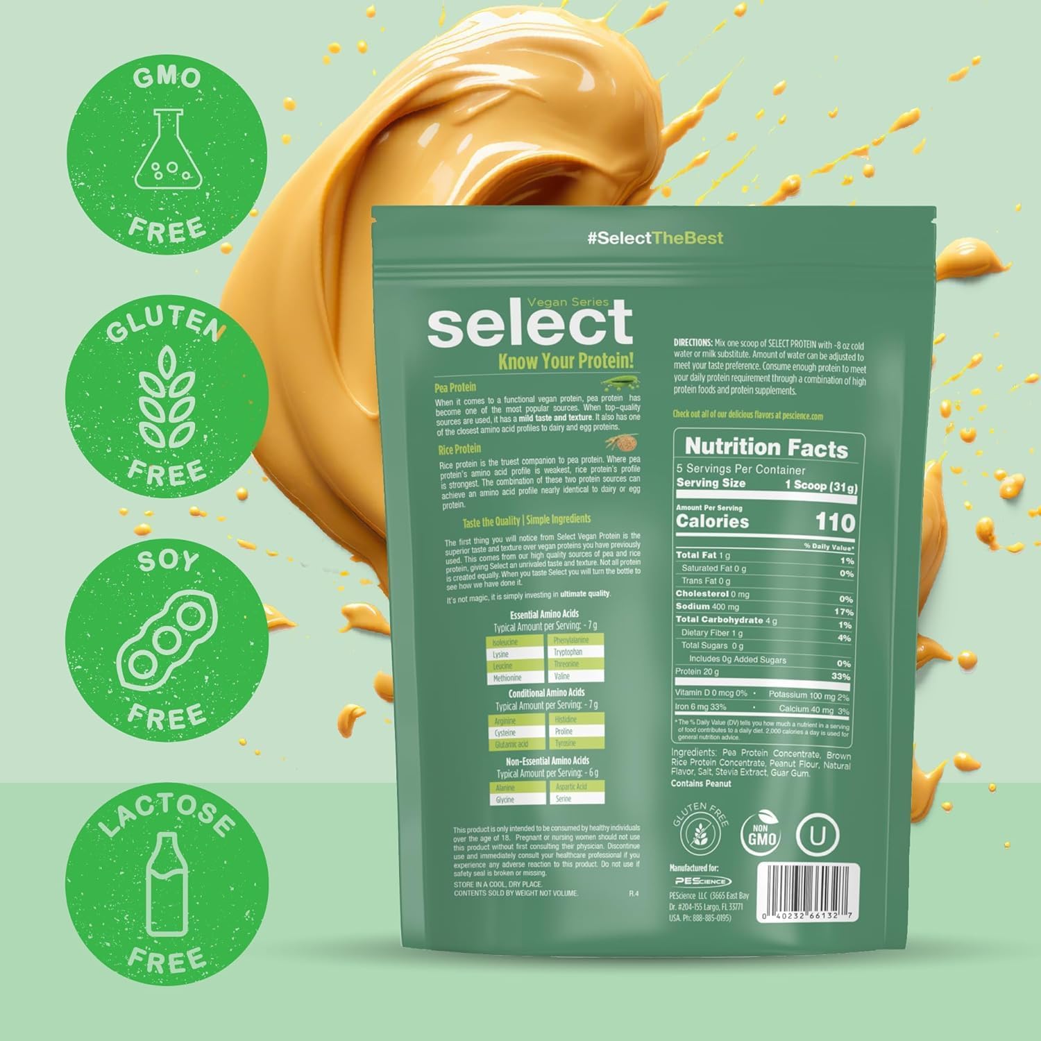 PEScience Select Vegan Protein Powder, Peanut Butter Delight, 27 Servings | Plant Based Protein Powder, Pea and Brown Rice Blend, Dairy Free, Lactose Free, Gluten Free
