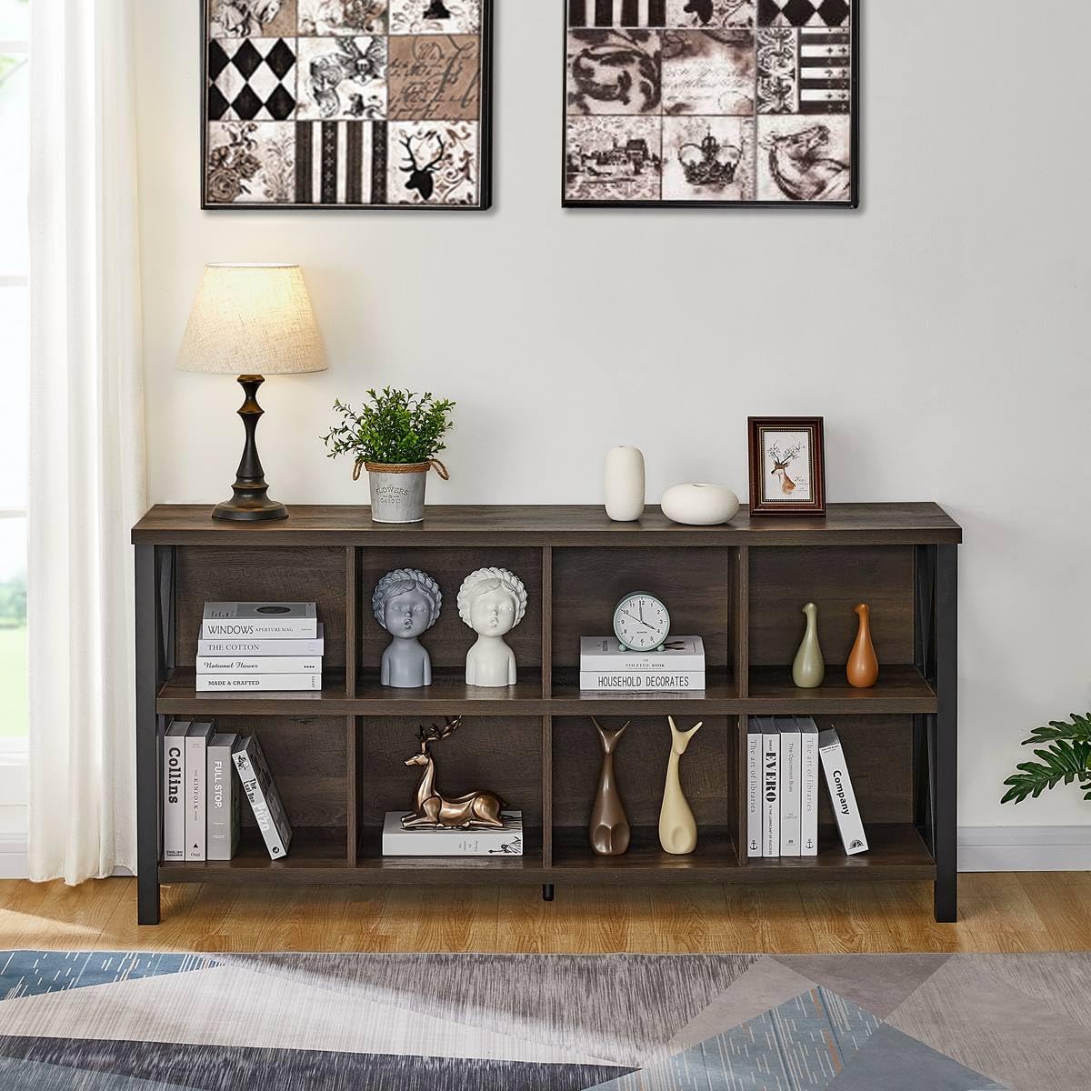 FATORRI 8 Cube Storage Organizer Bookshelf, 62 Inch Wood Horizontal Bookcase, Farmhouse Cube Long Book Shelf