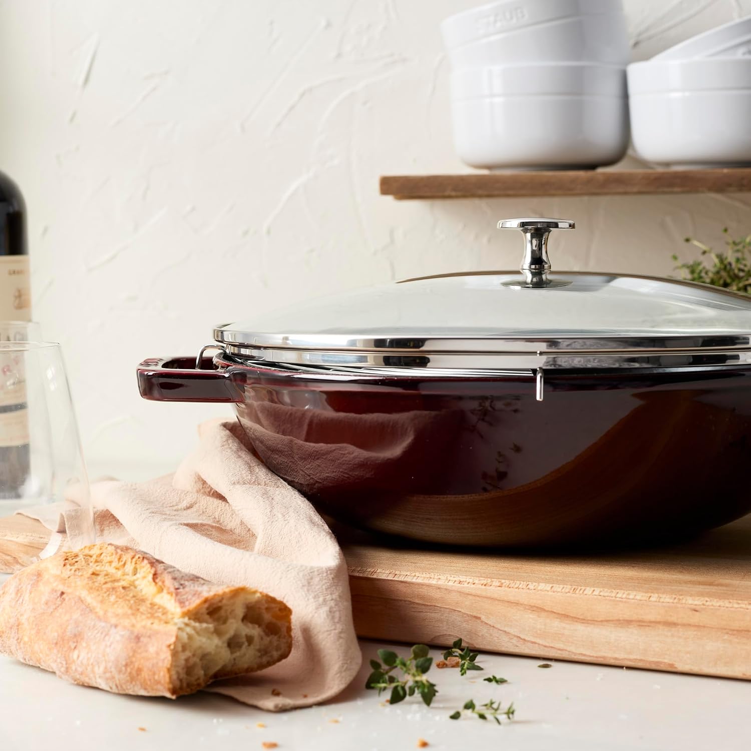 Staub Cast Iron Perfect Pan, Wok, Dutch Oven, 4.5-quart, serves 4-5, Made in France, Dark Blue