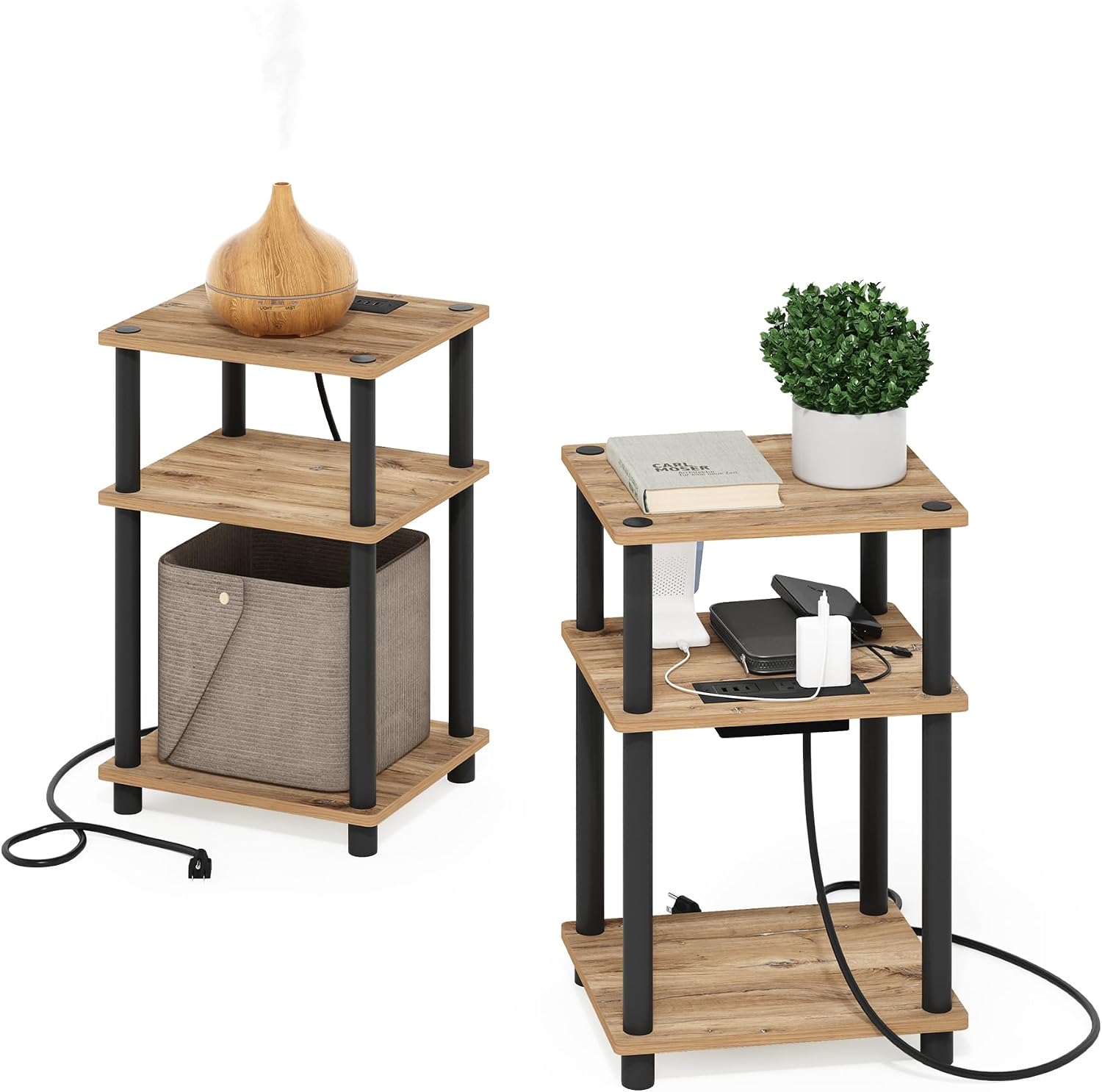 Furinno Turn-N-Tube End Table Corner Shelves, Set of 2, Dark Cherry/Black | Stackable Modern End Table with Open Shelf, Night Stand, Bedside Table, for Living Room, Bedroom