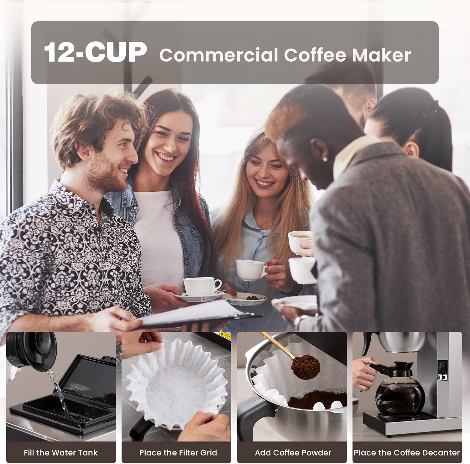 SYBO 12-Cup Commercial Pour Over Coffee Maker SF-CB-2GA | ETL Certified, Stainless Steel, Reusable Brew Basket, Spray Head, Fast Brewing