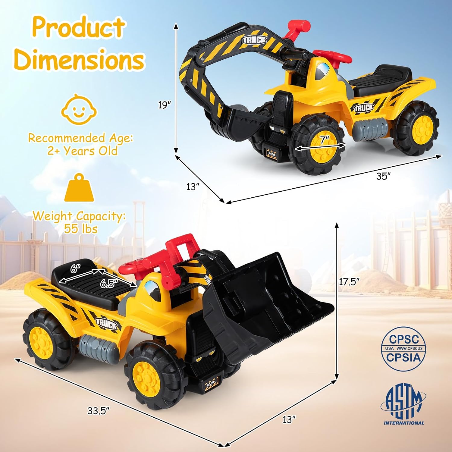 Costzon Ride on Excavator, Ride on Construction Vehicles w/Helmet, 3 Toy Stones, Realistic Sound, Adjustable Bucket & Under Seat Storage, Bulldozer Ride on Toy Gift for Kids Boys & Girls