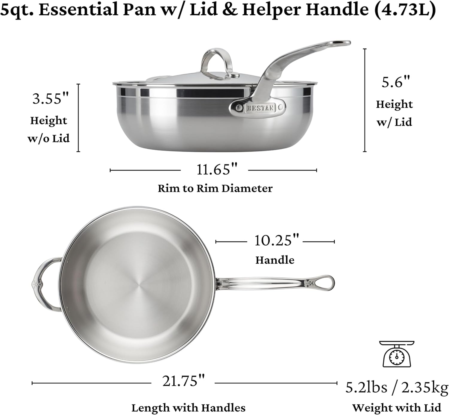 Hestan ProBond Forged - Professional Clad Stainless Steel All-In-One Pan, 5 Quart, with Helper Handle, Induction Compatible