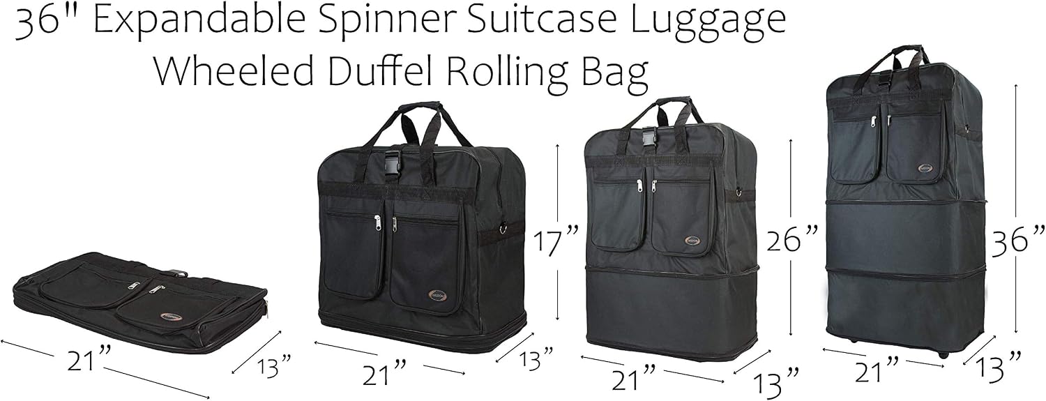 40" 30" 36" Rolling Wheeled Duffel Bag Spinner Suitcase Luggage Expandable (36", Black)