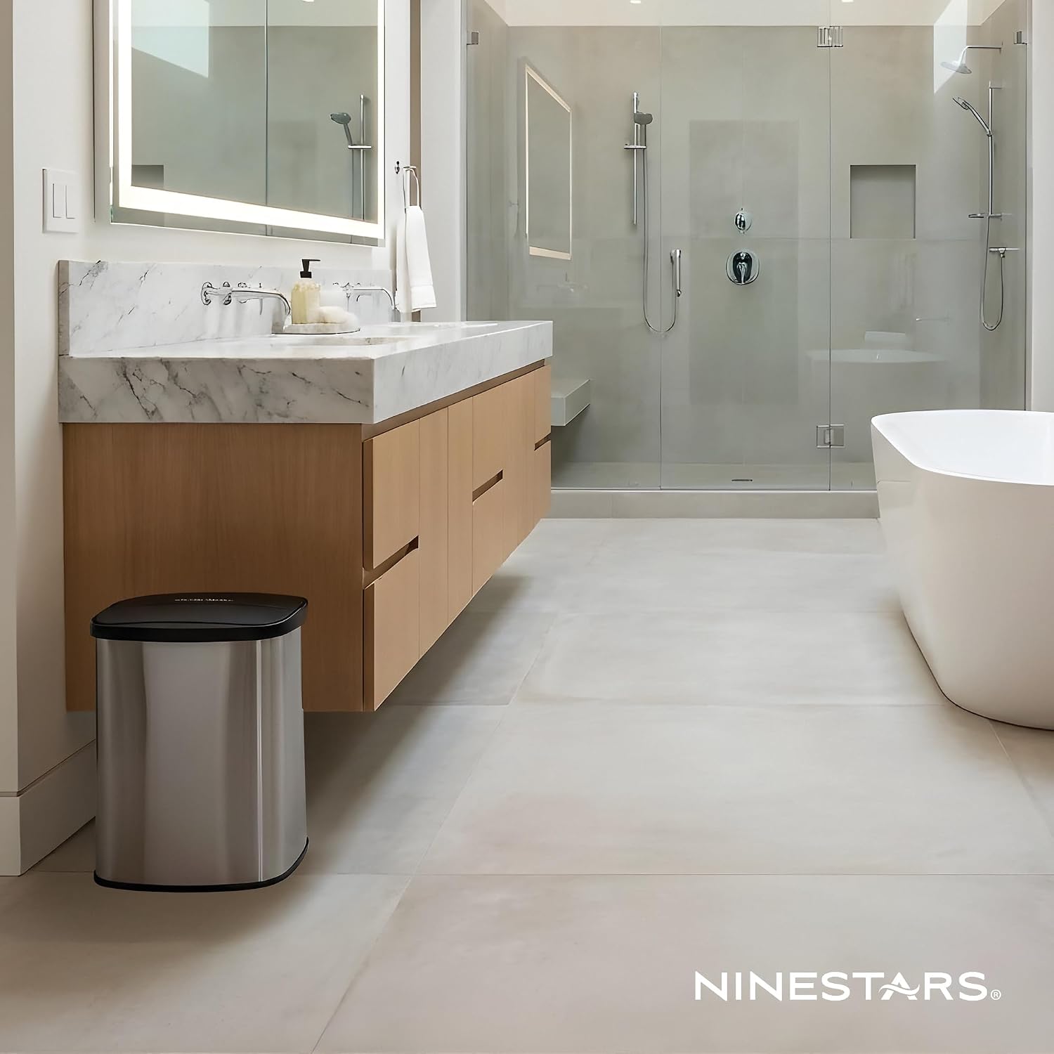 NINESTARS CB-DZT-50-98-1C Automatic Touchless Motion Sensor Oval & Rectangular Trash Can Combo Set, 13.2 Gal. 50 L. & 2.1 Gal.8 L., Stainless Steel