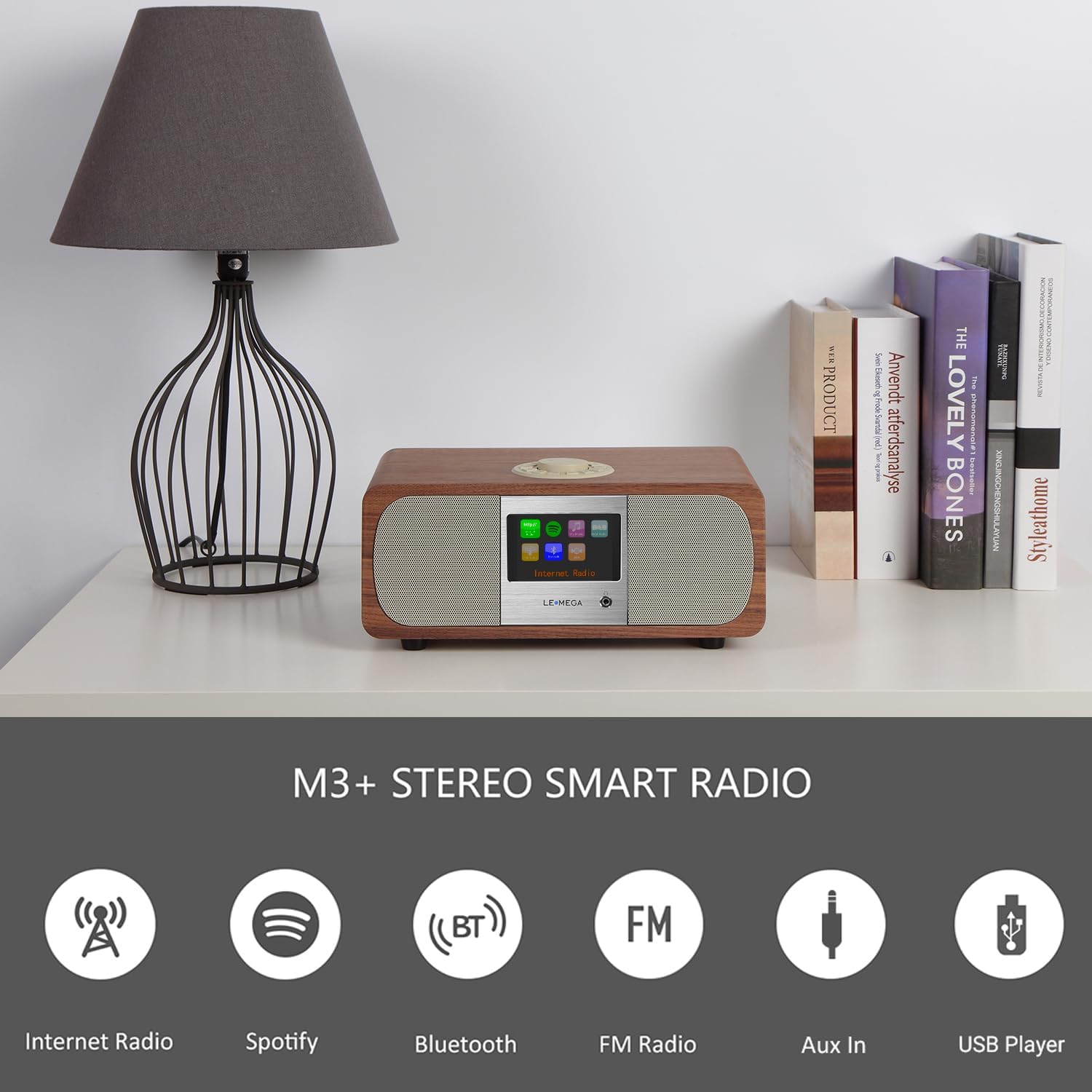 LEMEGA M3+ Internet Radio, Podcasts,Spotify, Bluetooth, FM Stereo, Walnut | Full colour display, 40 presets, remote control, acoustic wooden cabinet, headphone jack, USB, AUX-in, dual alarms clock