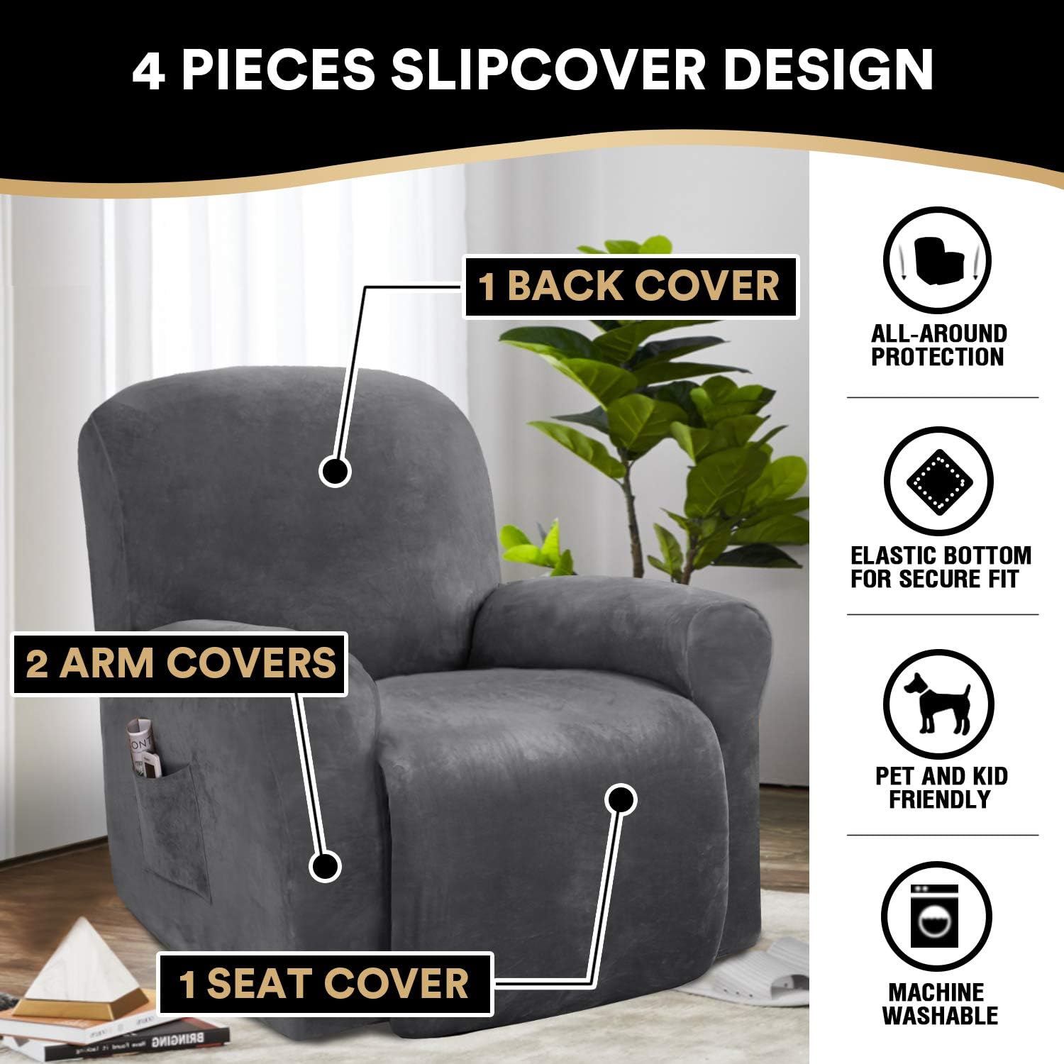 PrinceDeco Recliner Chair Cover Velvet Stretch Recliner Couch Covers 4-Pieces Style Recliner Chair Covers Recliner Cover for Reclining Chair