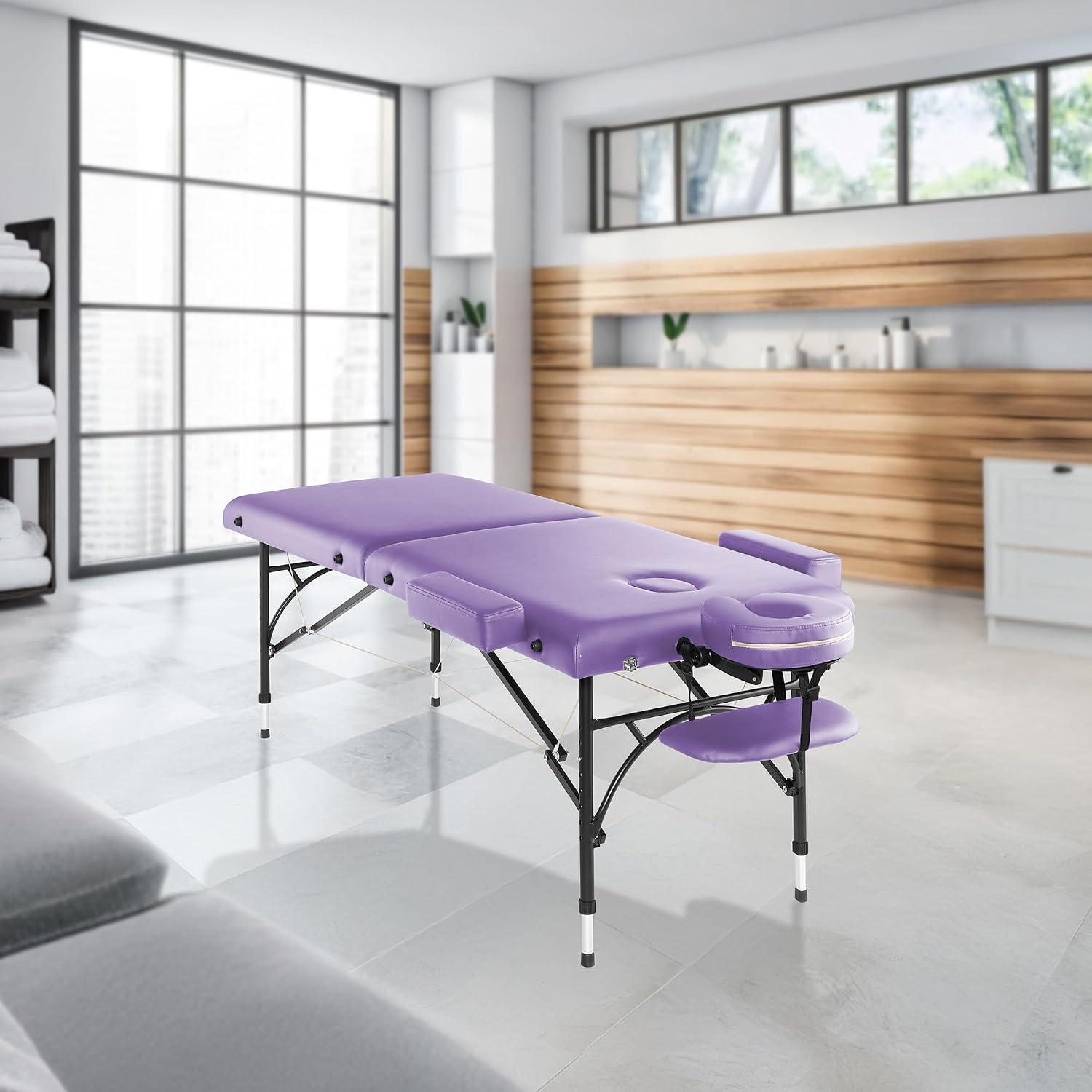 Saloniture Professional Portable Lightweight Bi-Fold Massage Table with Aluminum Legs - Includes Headrest, Face Cradle