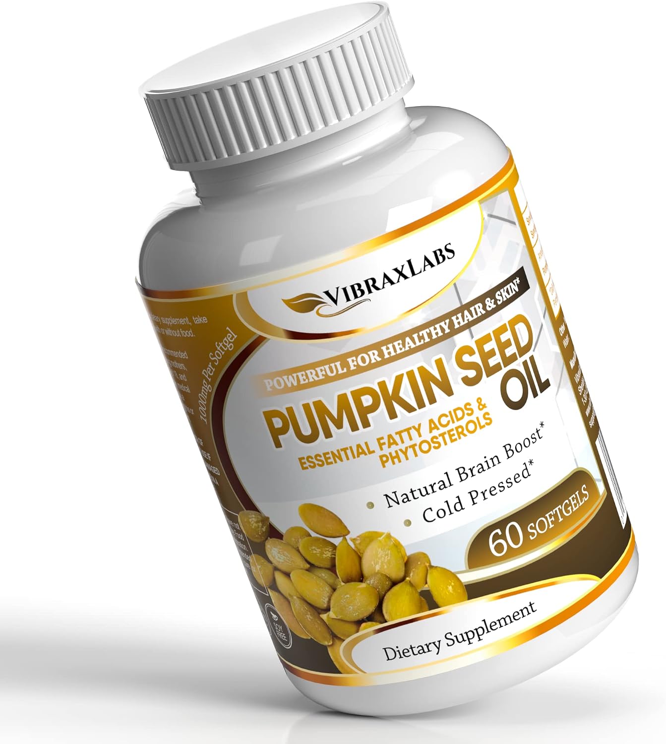 vibraxlabs Pumpkin Seed Oil - 100% Cold Pressed Pure 1000mg Extraction - Best for Hair Growth, Younger Looking Skin & Face, Bladder Control Supplement