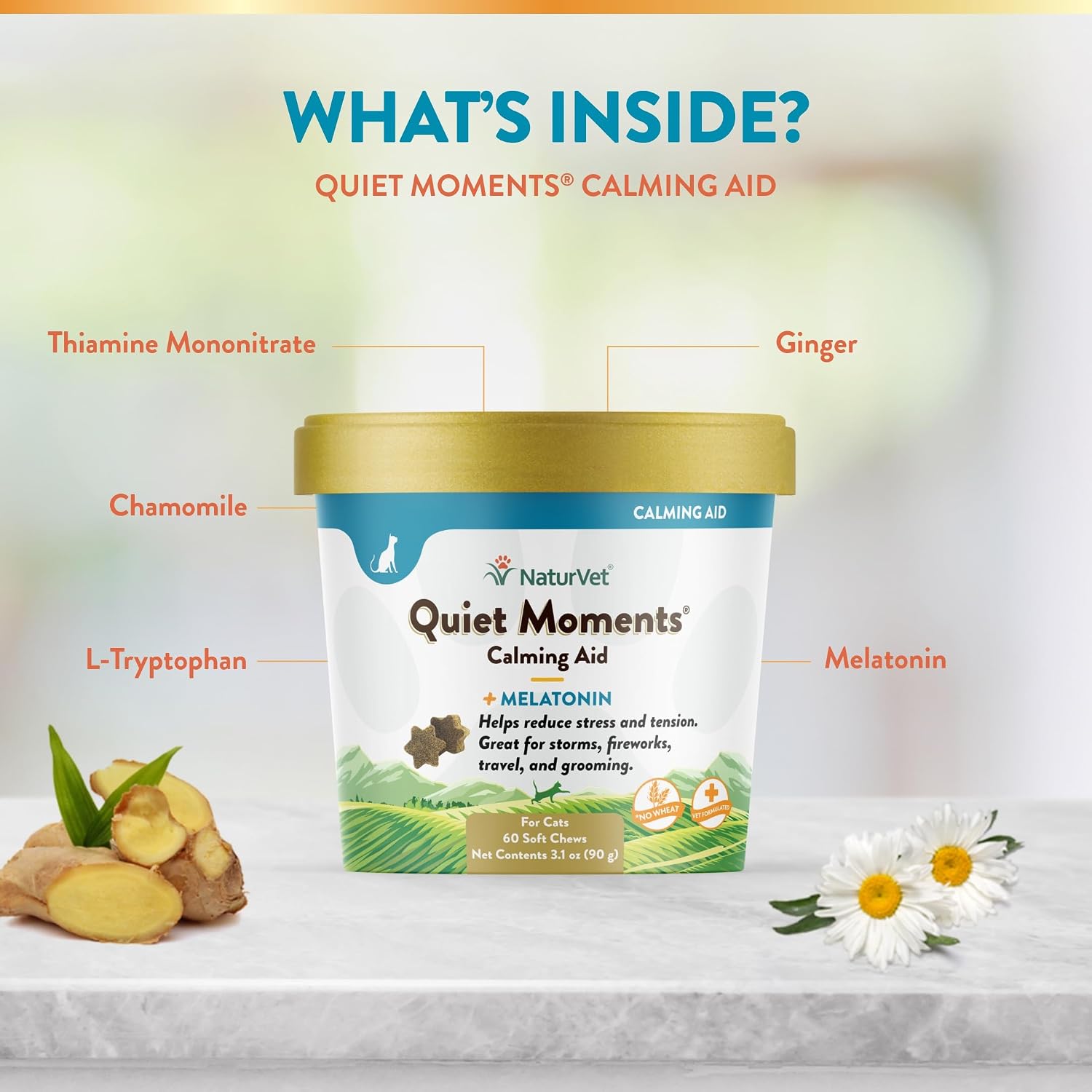 NaturVet Quiet Moments Calming Plus Melatonin Cat Supplement - 50 Count | Calming Aid for Cats - Reduce Stress, Pet Storm Anxiety, Motion Sickness - Great for Grooming, Separation and Travel