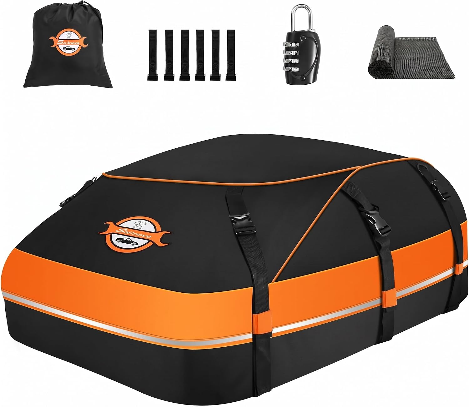 Sailnovo Aerodynamic Rooftop Cargo Carrier Bag, 20 Cubic Feet Waterproof | Fit Most Vehicles with/Without Rack, Hold Luggage for 4-6, Include Anti-Slip Mat, Storage Bag, Reinforced Straps & Lock