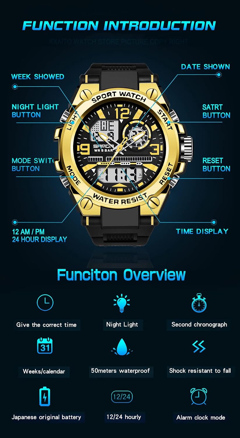 KXAITO Men's Watches Sports Outdoor Waterproof Military Watch Date Multi Function Tactics LED Alarm Stopwatch
