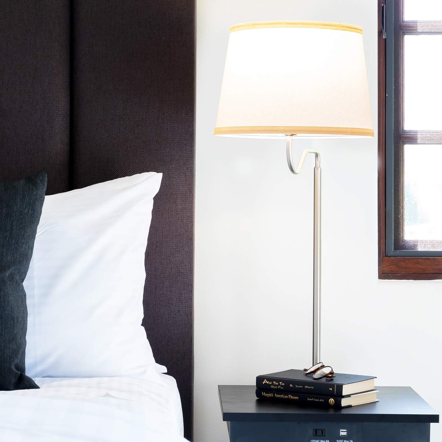 Brightech Madison Side Table with Lamp Combo with LED Bulb, Desk Lamp with USB Port, Bedside Reading Light, Modern End Table with Floor Lamp for Bedroom, Living Room, Office - Havana Brown