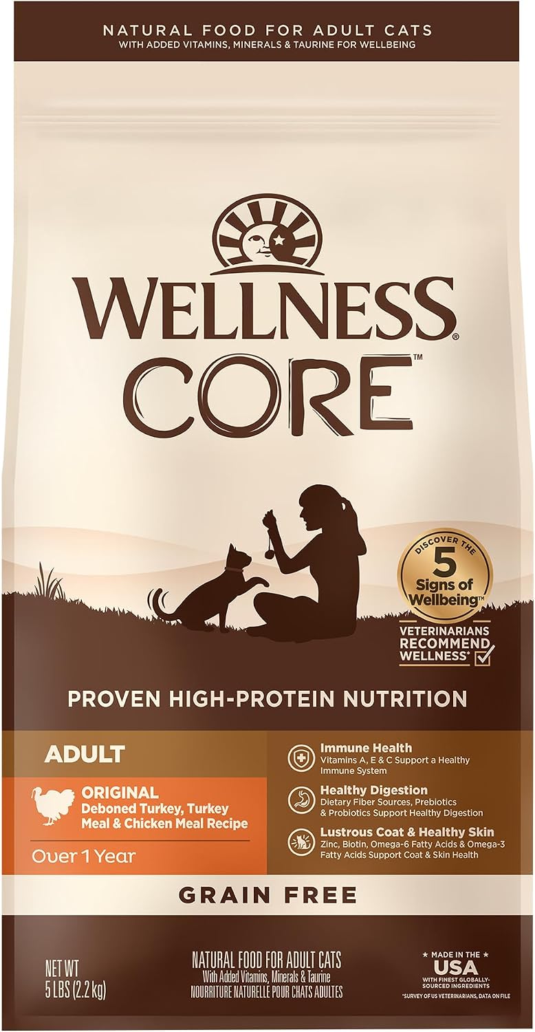 Wellness CORE+ Adult Dry Cat Food for Indoor Cats, Natural, Grain Free Kibble, Chicken, Turkey and Chicken Meal Recipe, 5 lb Bag