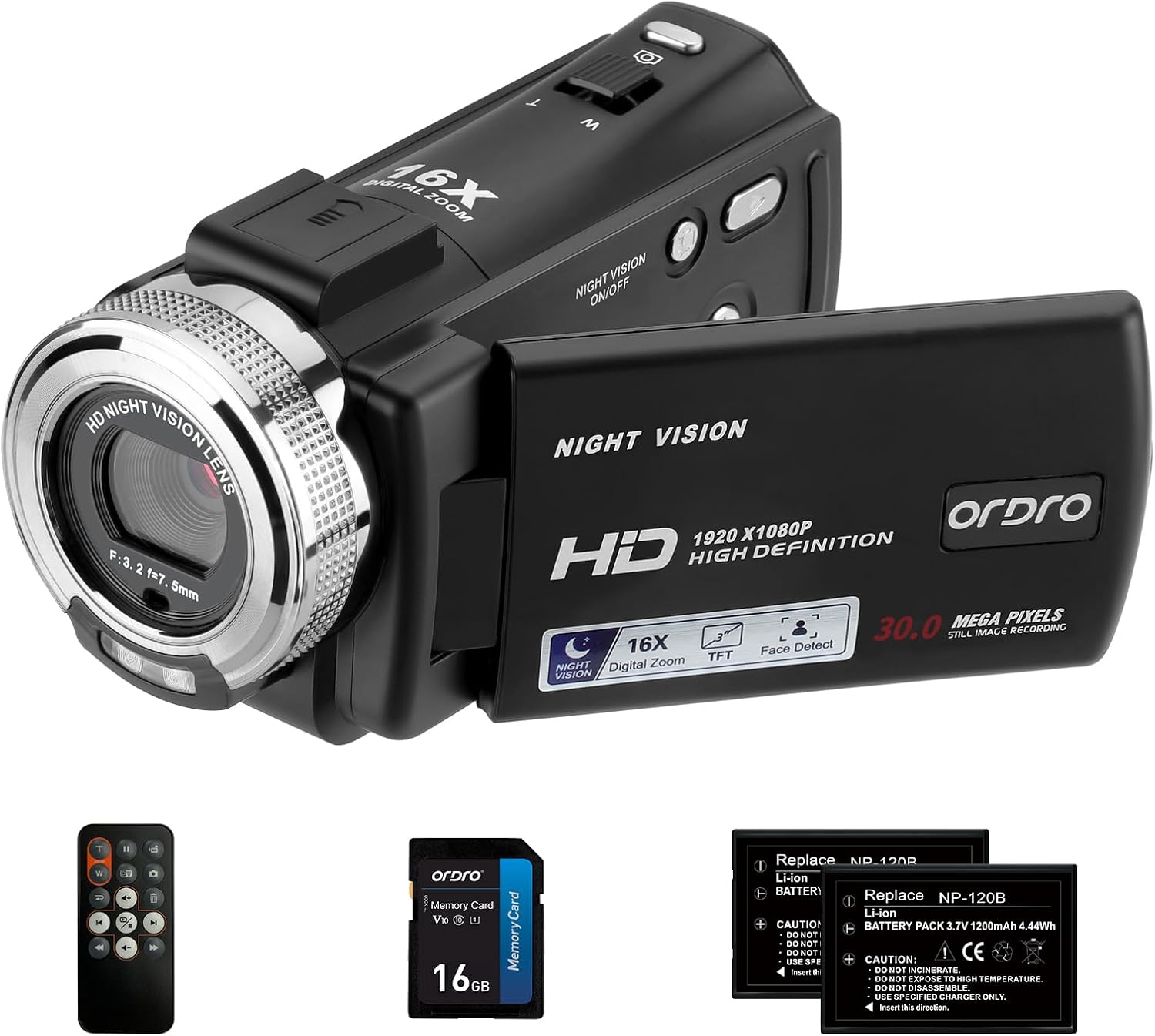 ORDRO V12 1080P Camcorder Night Vision with 16G Card 2 Batteries