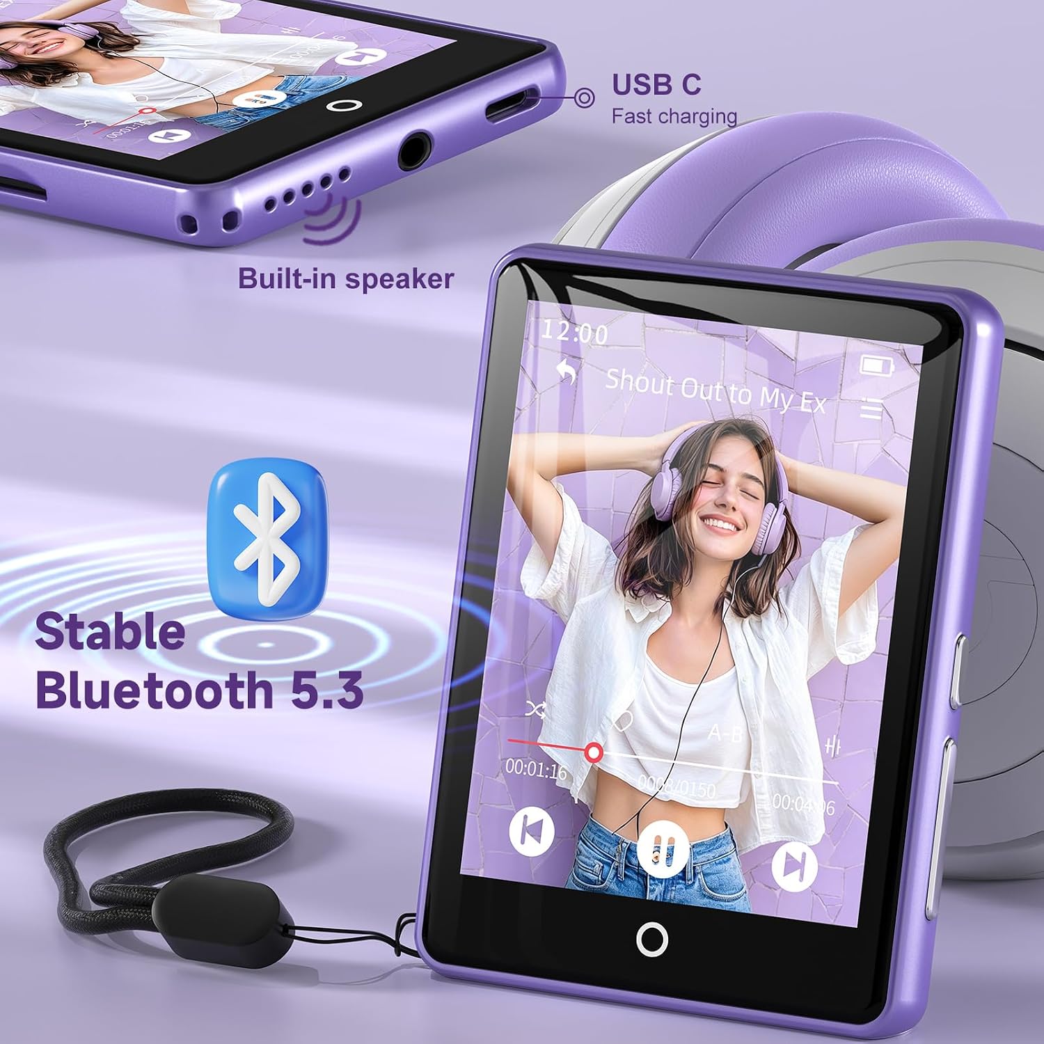 32GB MP3 Player with Bluetooth 5.3 Auto Reconnect, Zinc Alloy Frame | Built-in Speaker & White Noise, 2.8" Touchscreen, 48H Battery, Resume Playback