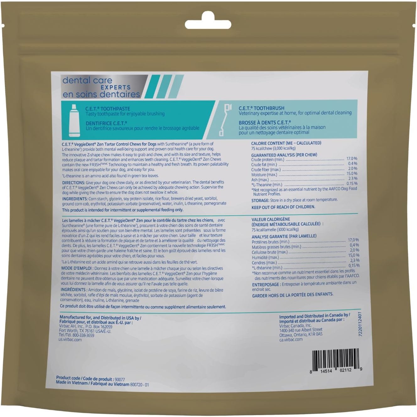 C.E.T. Veggiedent Fr3sh & Zen Plaque and Tartar Control Chews for Dogs, S