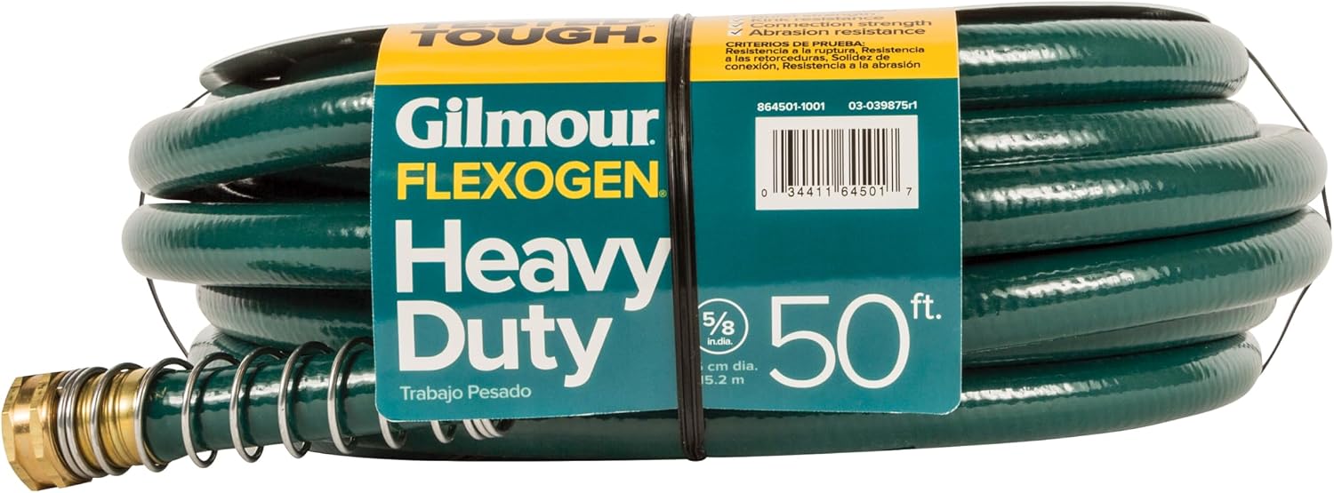 Gilmour 864751-1001 75ft Heavy Duty Flexogen Garden Hose, 5/8" Diameter | Heavy Duty Build, 500 PSI, Kink-Resistant Layers, Brass Fittings, All-Weather Durability, Made in USA