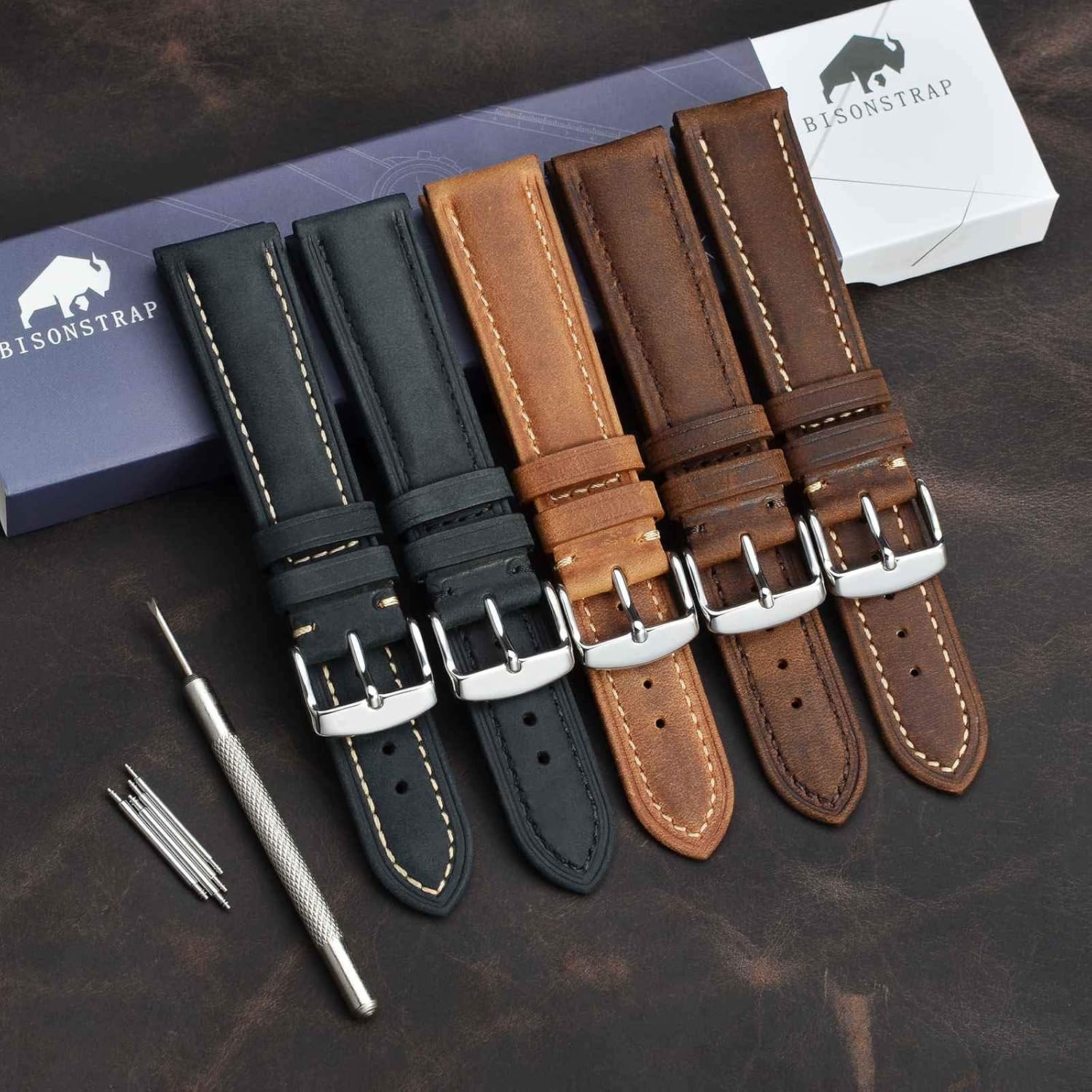 BISONSTRAP Watch Strap, Vintage Leather Replacement Bracelet, Band Width-14mm 15mm 16mm 17mm 18mm 19mm 20mm 21mm 22mm 23mm 24mm