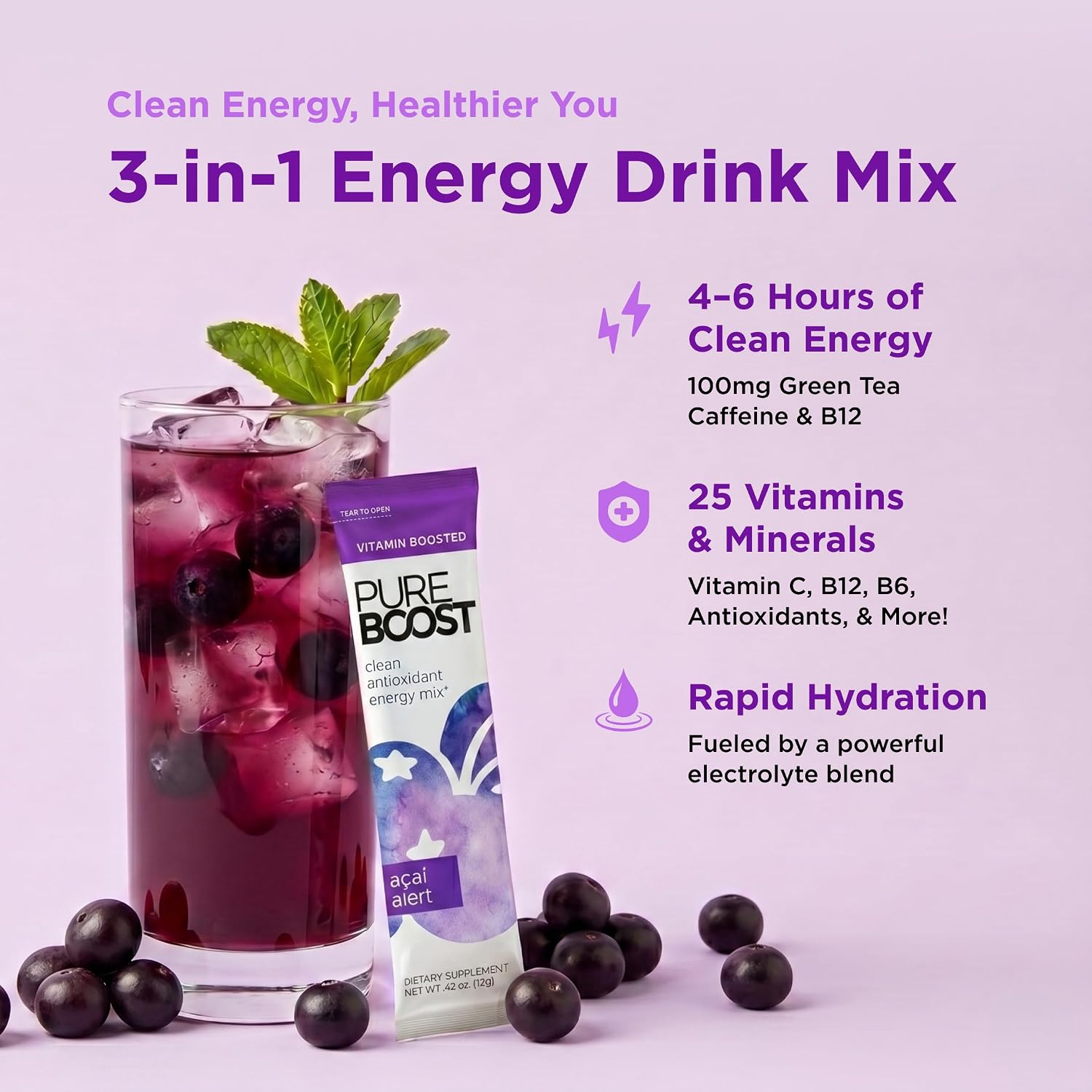 Pureboost Sugar-Free Clean Energy Booster Drink Mix, Citrus Sunrise 30ct | B12 vitamins, low sodium electrolytes & antioxidants. 25 vitamins and minerals. No sucralose.