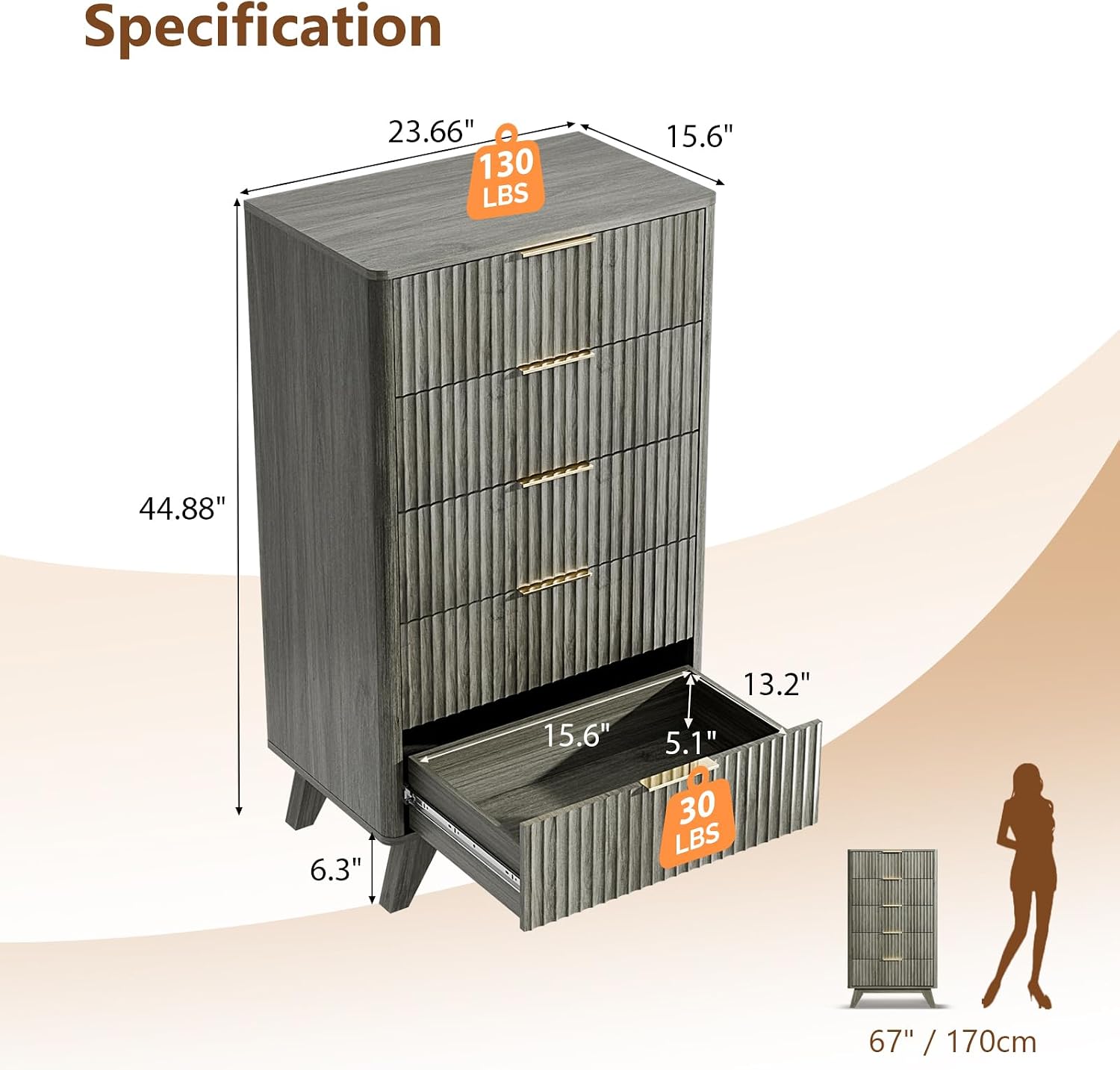 VINGLI Fluted Tall Dresser 5 Drawer, 23.66" W Chest of Drawers Gray Wood Dresser with Rounded Edges, Grey Dressers for Bedroom