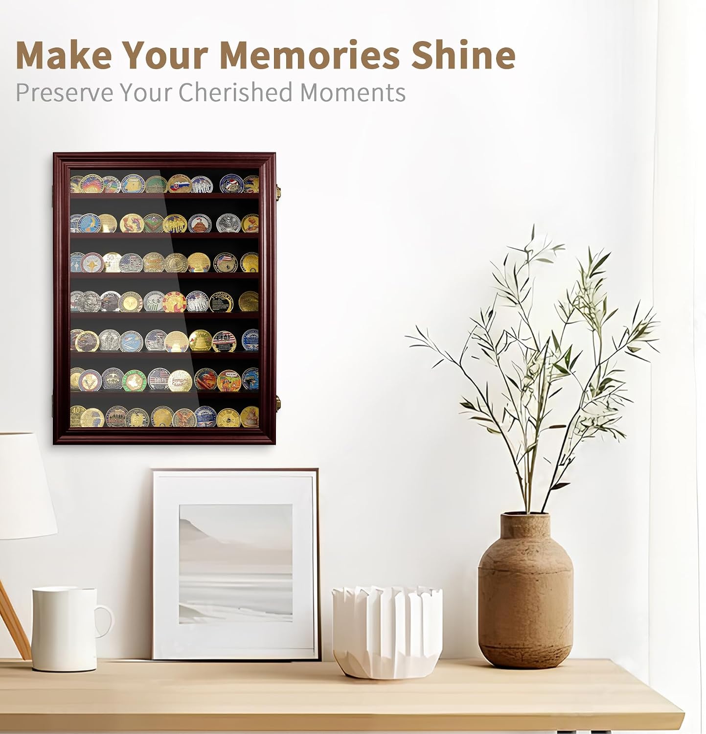 ASmileIndeep 7 Rows Military Challenge Coin Holder Display Cabinet Wall Mount with HD Tempered Glass, Holds 100 Coins, Wooden Medal Display Case Shadow Box with Removable Shelves, Mahogany
