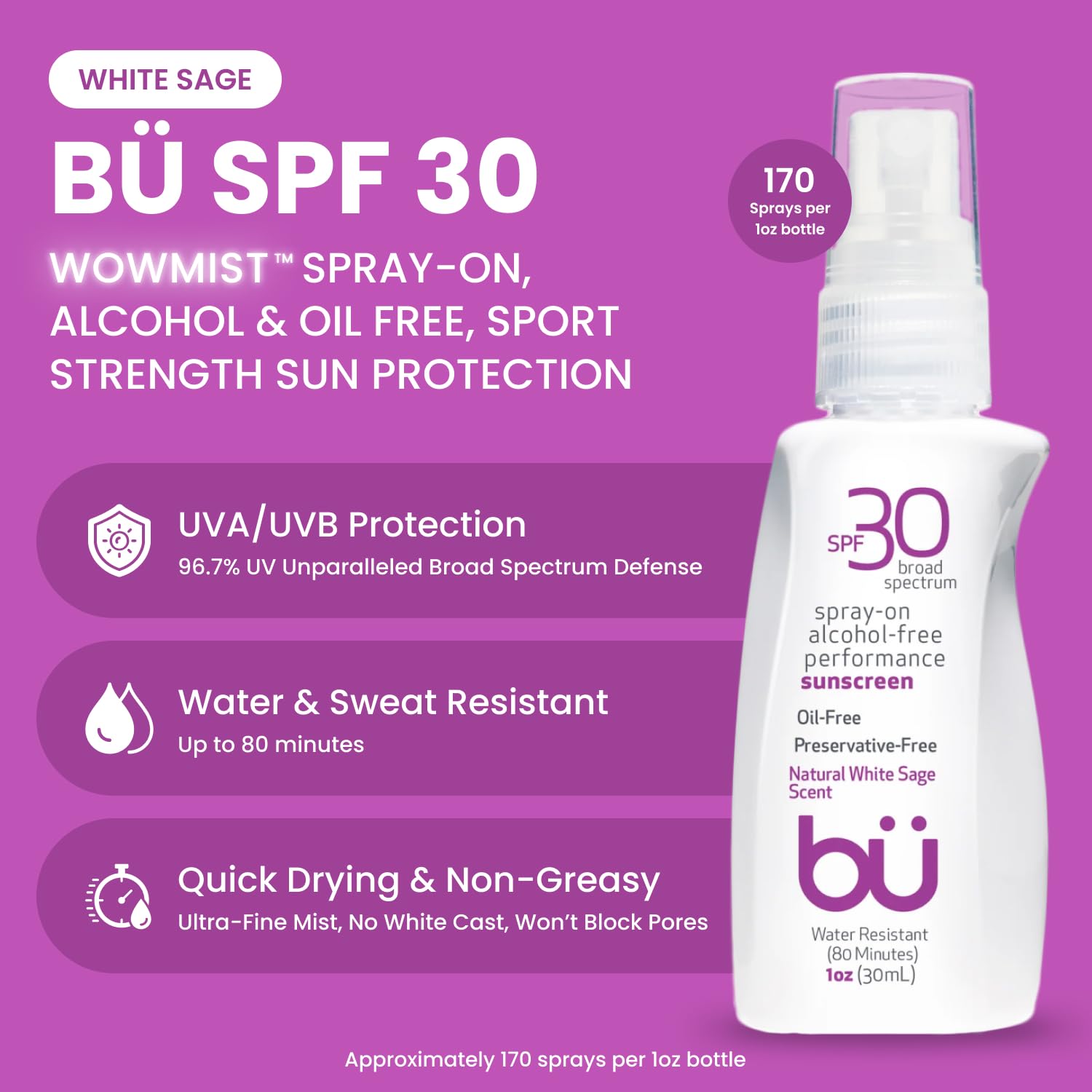 BU SPF 30 Sunscreen Spray for Face and Body, Non Aerosol Spray, Ultrafine WOWmist, TSA Travel Size Sunscreen, Clear, Non Greasy, Water Resistant, White Sage 3.3 oz
