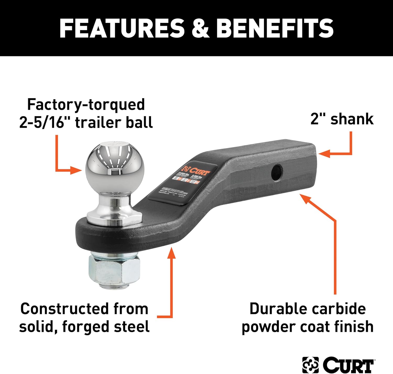 CURT 45331 Loaded Ball Mount, 2-5/16" Ball, 15, 000 lb, 2" Drop | Fits 2" Receivers, 1, 500 lb Tongue Weight, Solid Forged Steel