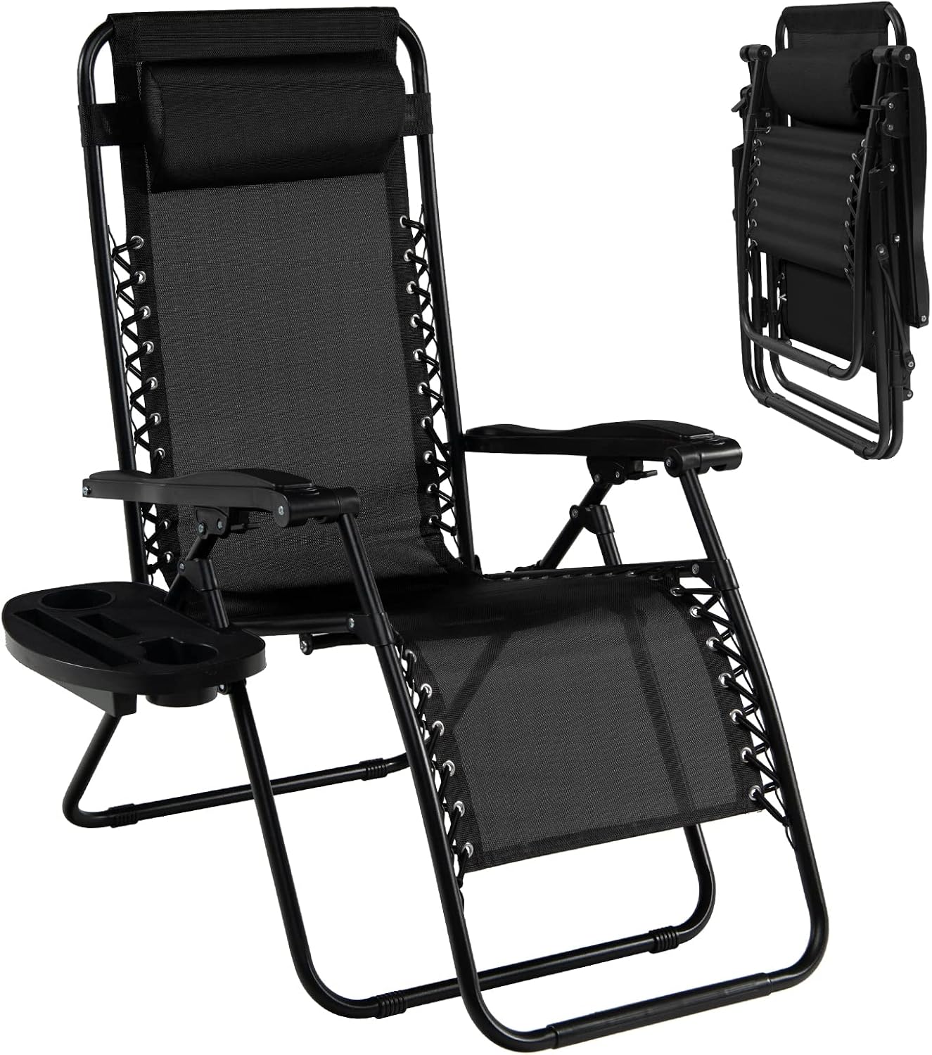 Goplus Zero Gravity Lounge Chairs, 160°Adjustable Folding Recliner w/Pillow and Cup Holder, 350LBS Comfy Outdoor Lounge Chairs for Patio, Lawn, Yard & Camp(1, Gray)