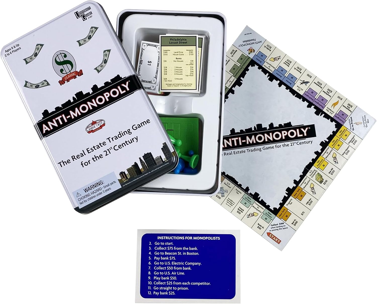 Anti-Monopoly Game Tin Travel by University Games |The Real Estate Trading Game for the 21st Century | Fun
