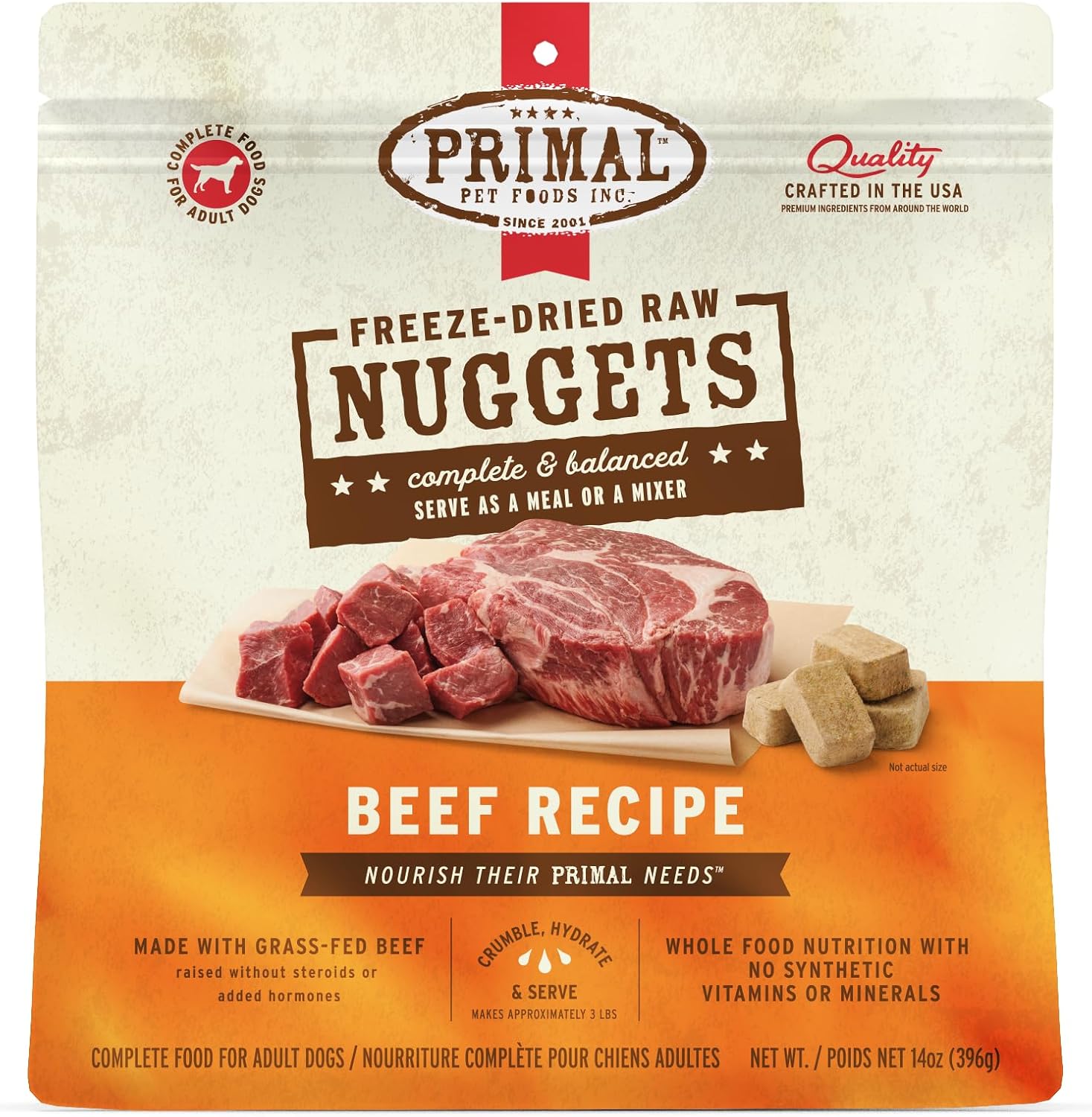 Primal Freeze Dried Raw Dog Food Nuggets, Beef, 14 oz | Complete & Balanced Nutrition, Meal, Topper or Treat, Grain-Free, High Protein, No Synthetic Vitamins & Minerals