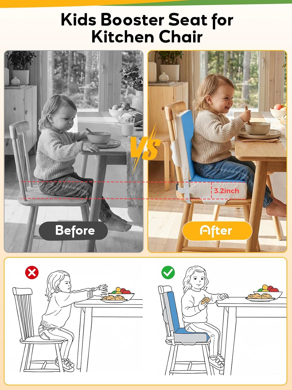 Booster Seat for Kitchen Chair - Toddler Booster Seat for Dining Table - PU Washable Double-Safety Straps with Buckle