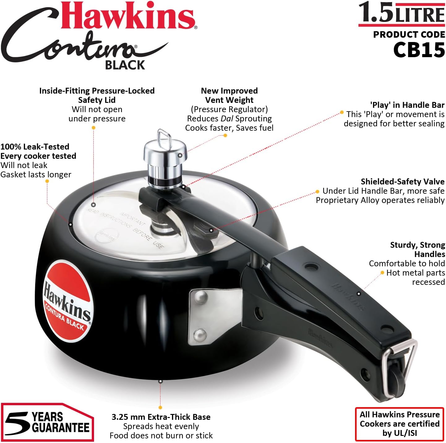 Hawkins 3.5 Litre Contura Black Pressure Cooker, Hard Anodised Inner Lid Cooker, Handi Cooker, Black (CB35)