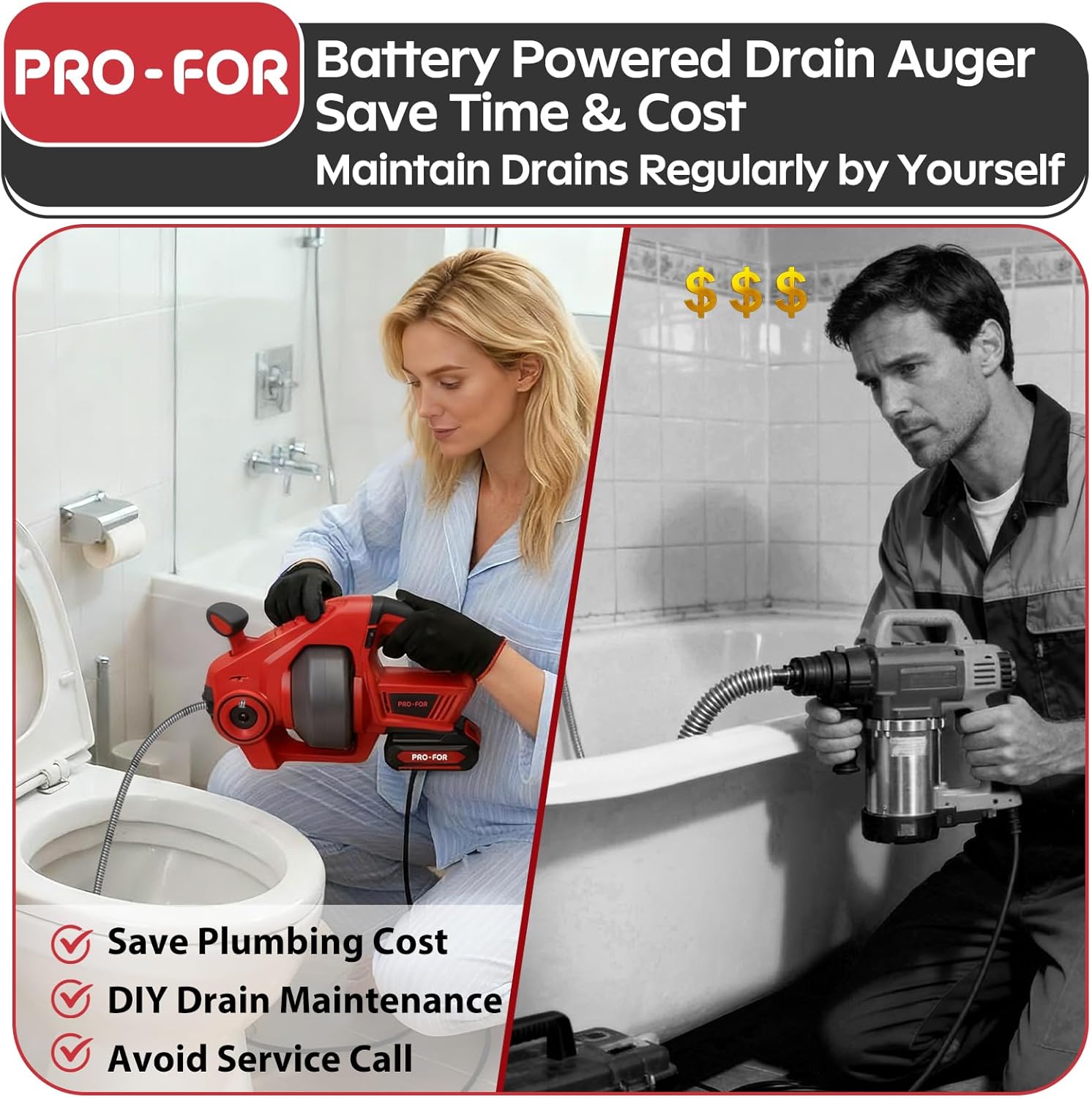 20V Cordless Electric Drain Auger, 25Ft Auto-Feed Drain Snake, Replaceable Cable, 2.0Ah Battery & Charger, LED Light, Clog Remover for Sink, Shower