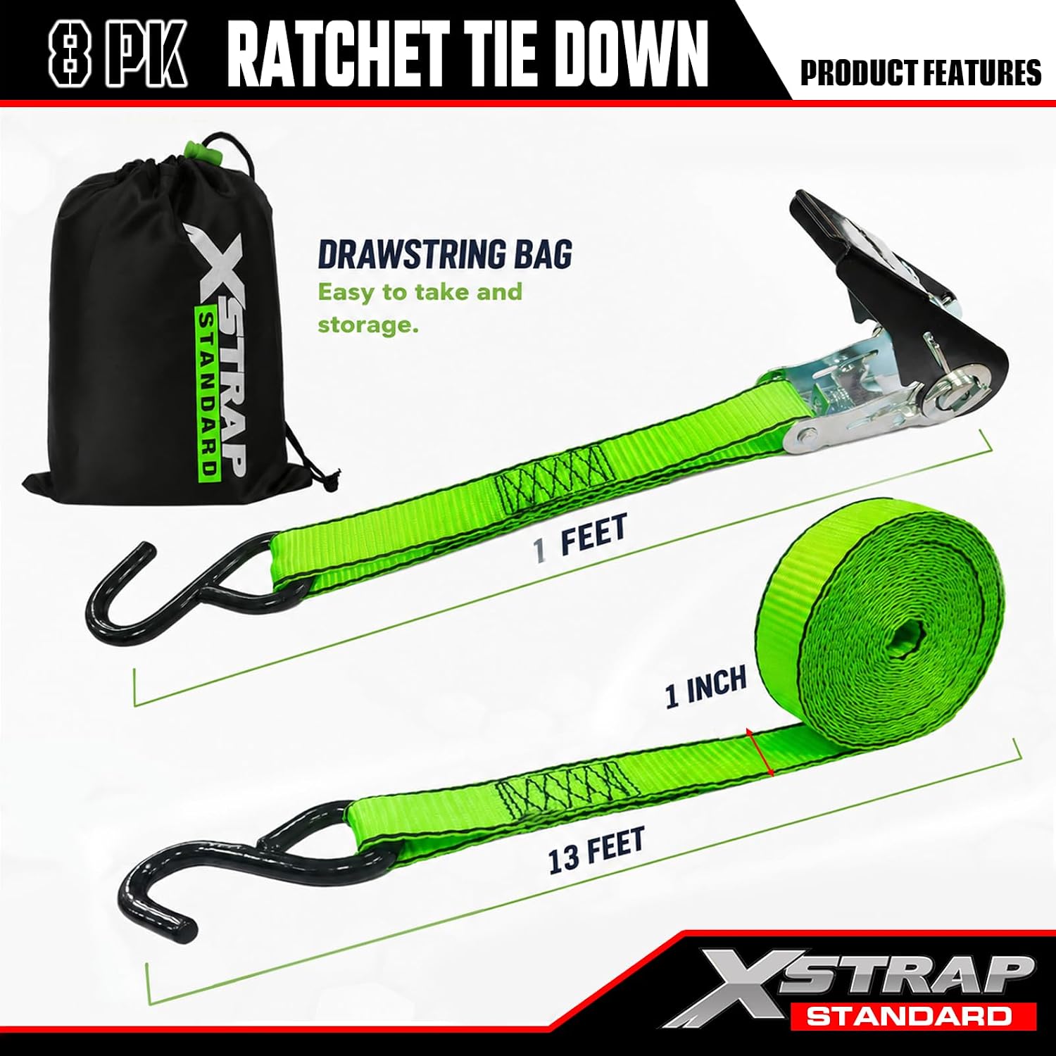 XSTRAP STANDARD 8-PK Ratchet Tie Down Straps, 1" x 10ft Cargo Strap, Yellow