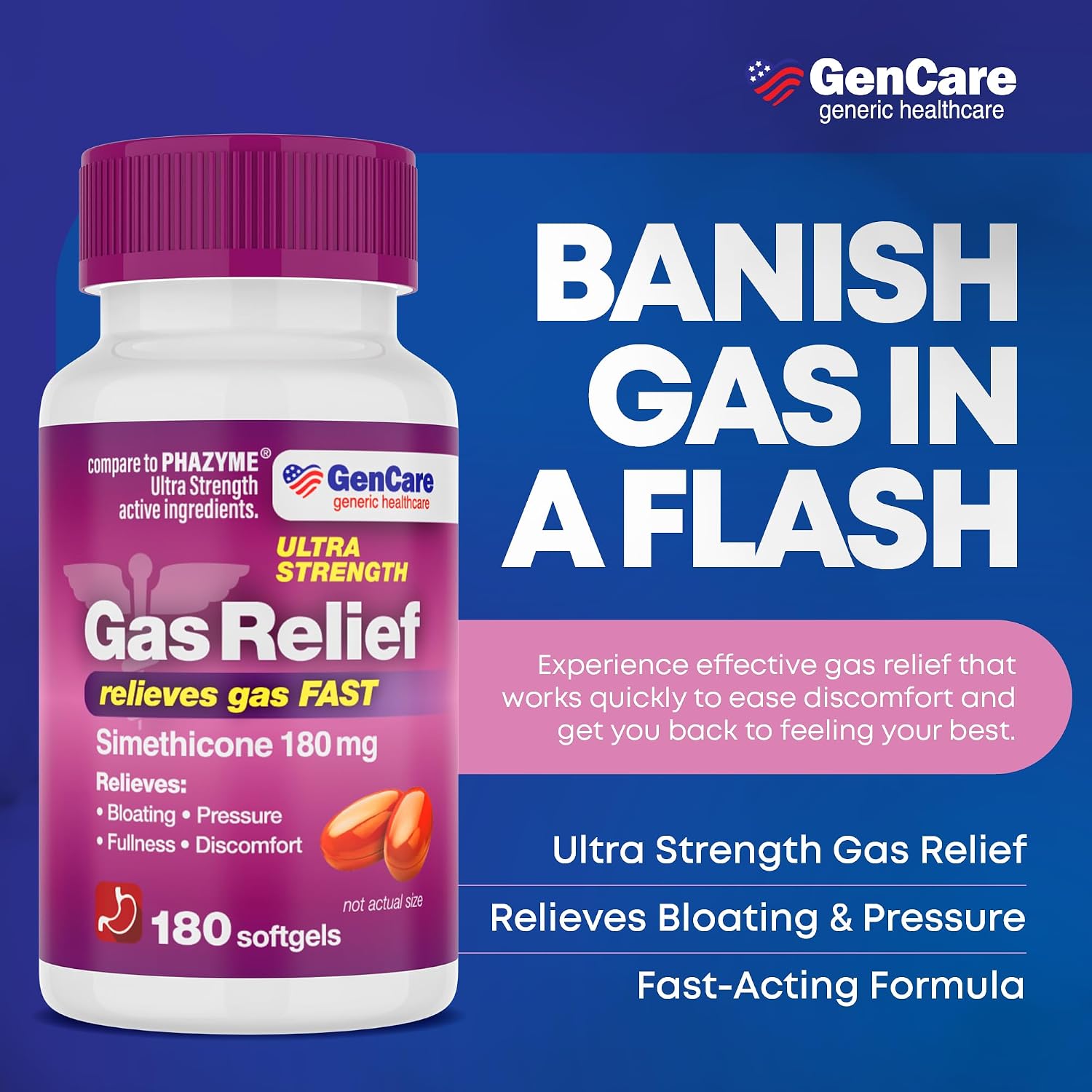 GenCare Gas Relief Simethicone 180mg Ultra Strength, 180 Softgels