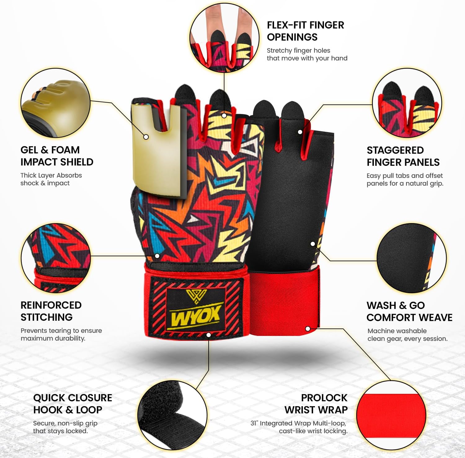 WYOX Neoprene Gel Boxing Hand Wraps Inner Gloves for Men & Women – 80cm/31in Quick Wrist Strap, Padded Knuckle Protection