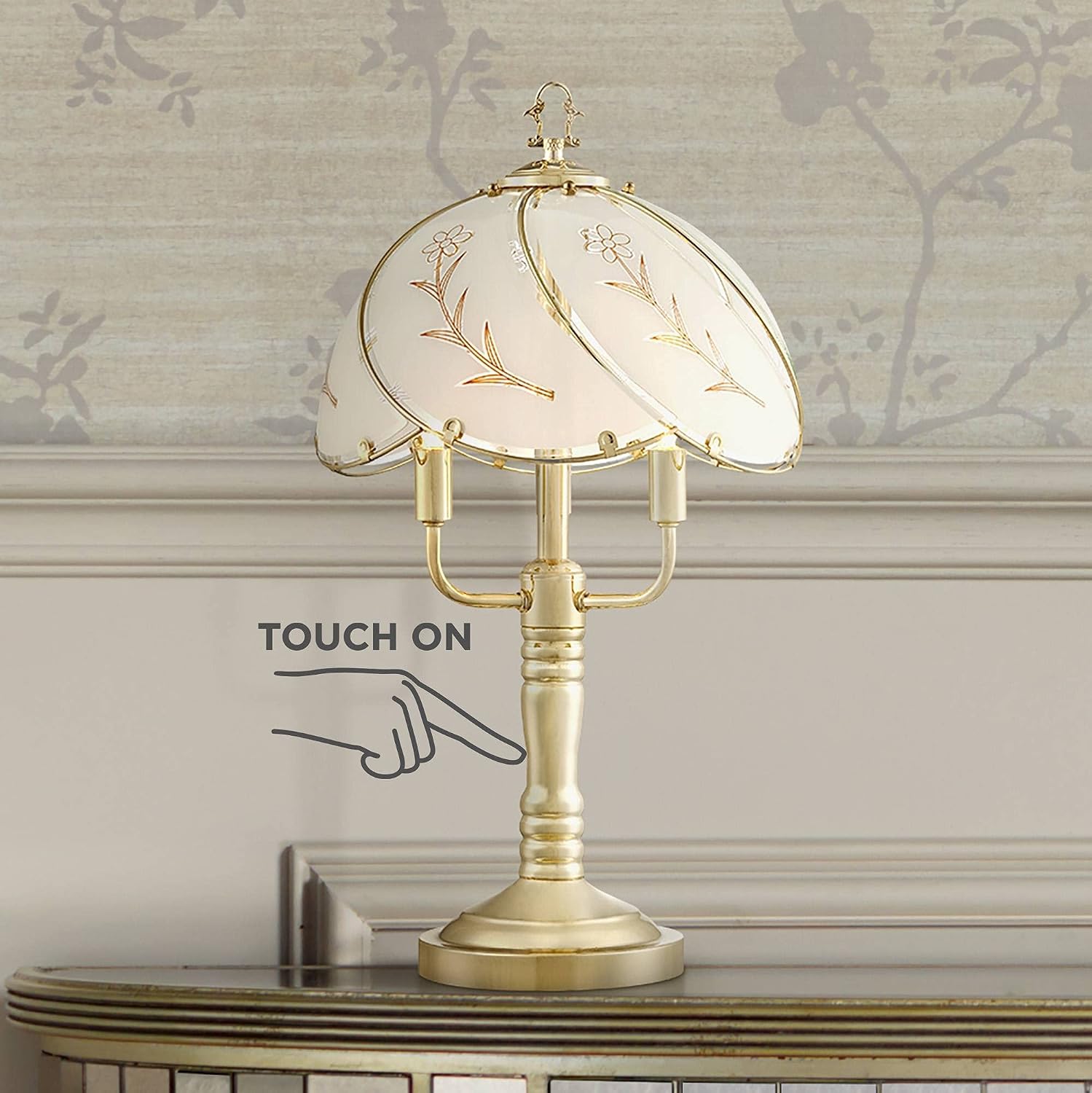 Polished Brass Flower Petal 15" Small Table Lamp Gold Touch 4-Way Glass Off | Etched Shade Art Traditional Cottage Floral Bedroom House Bedside Nightstand Home Office Living Room