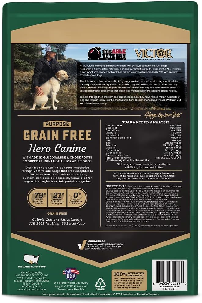 VICTOR Purpose Grain Free Hero Canine Dry Kibble - Active Adult Dogs, 30 lb | Super Premium Dog Food, Gluten Free, High protein With Glucosamine and Chondroitin, Supports Hip and Joint Health, 30lbs