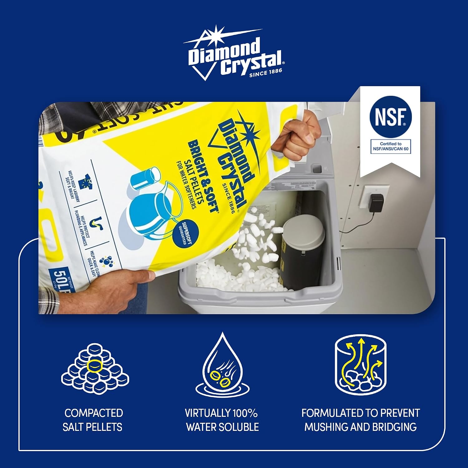 Diamond Crystal 50 lb. Water Softener Salt, Bright & Soft Series, Pellets, 99.8% Purity (Оne Расk)