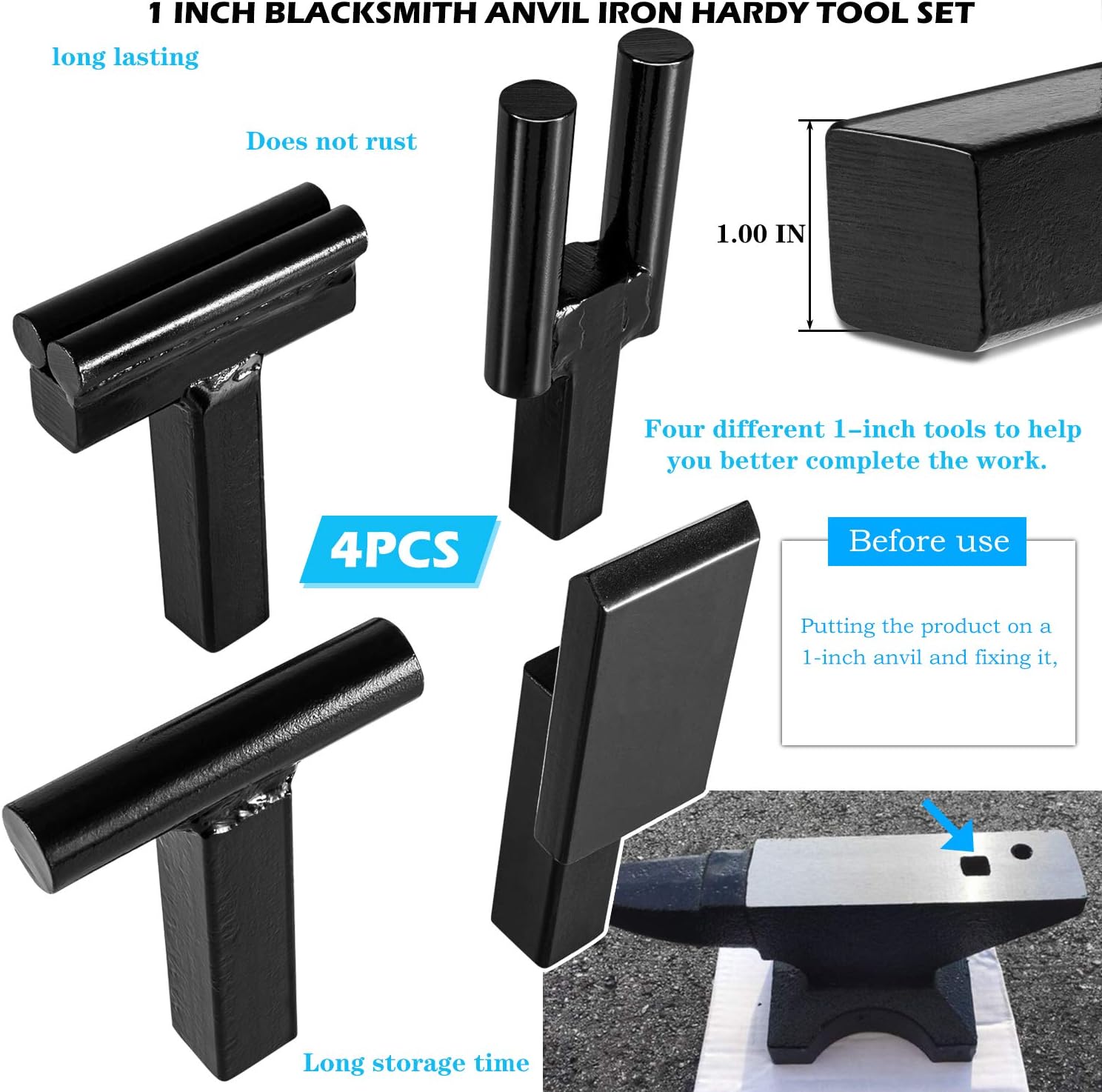 Blacksmith Anvil Hardy Tool Set 1Inch Creasing Tool Stake,Bottom Fuller,Hot Cut Tool,Turning Bending Scrolling Fork.(4PCS)