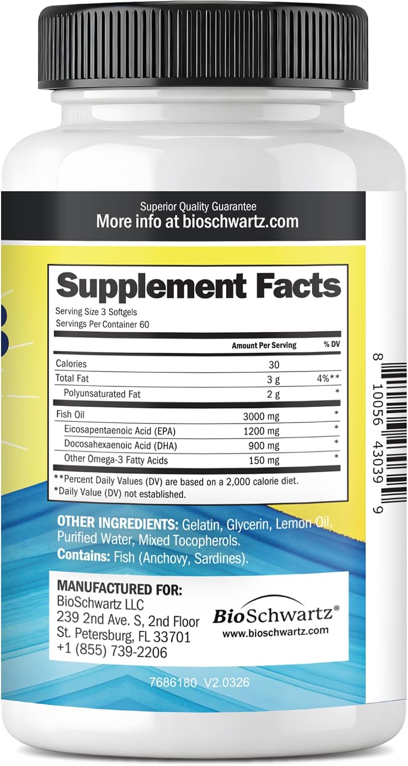 Triple Strength Omega 3 Fish Oil 3000mg for Women and Men, 90 Softgels | High Potency Omega 3 Supplement, Burpless Lemon Flavor Fish Oil - 2250mg Essential Fatty Acids with DHA & EPA, Wild Caught